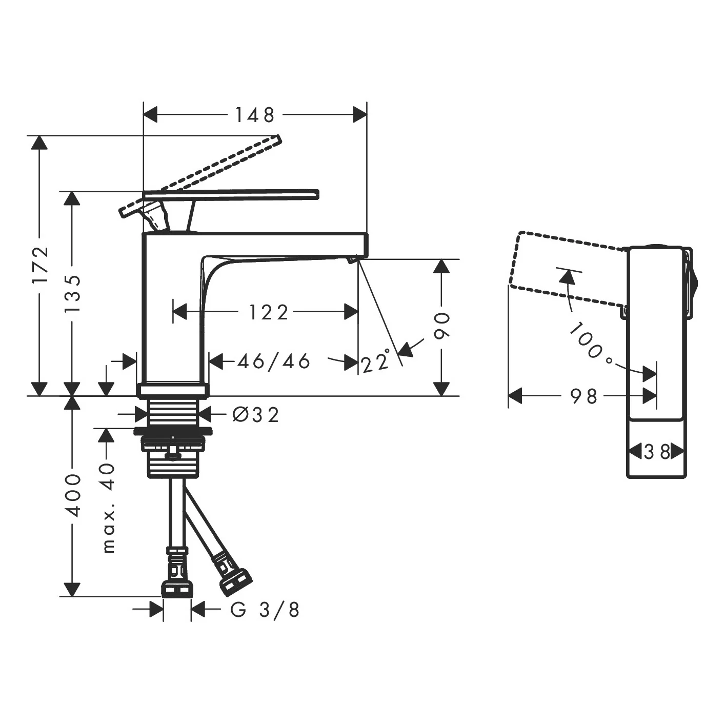 Rysunek techniczny baterii umywalkowej z wymiarami, hansgrohe