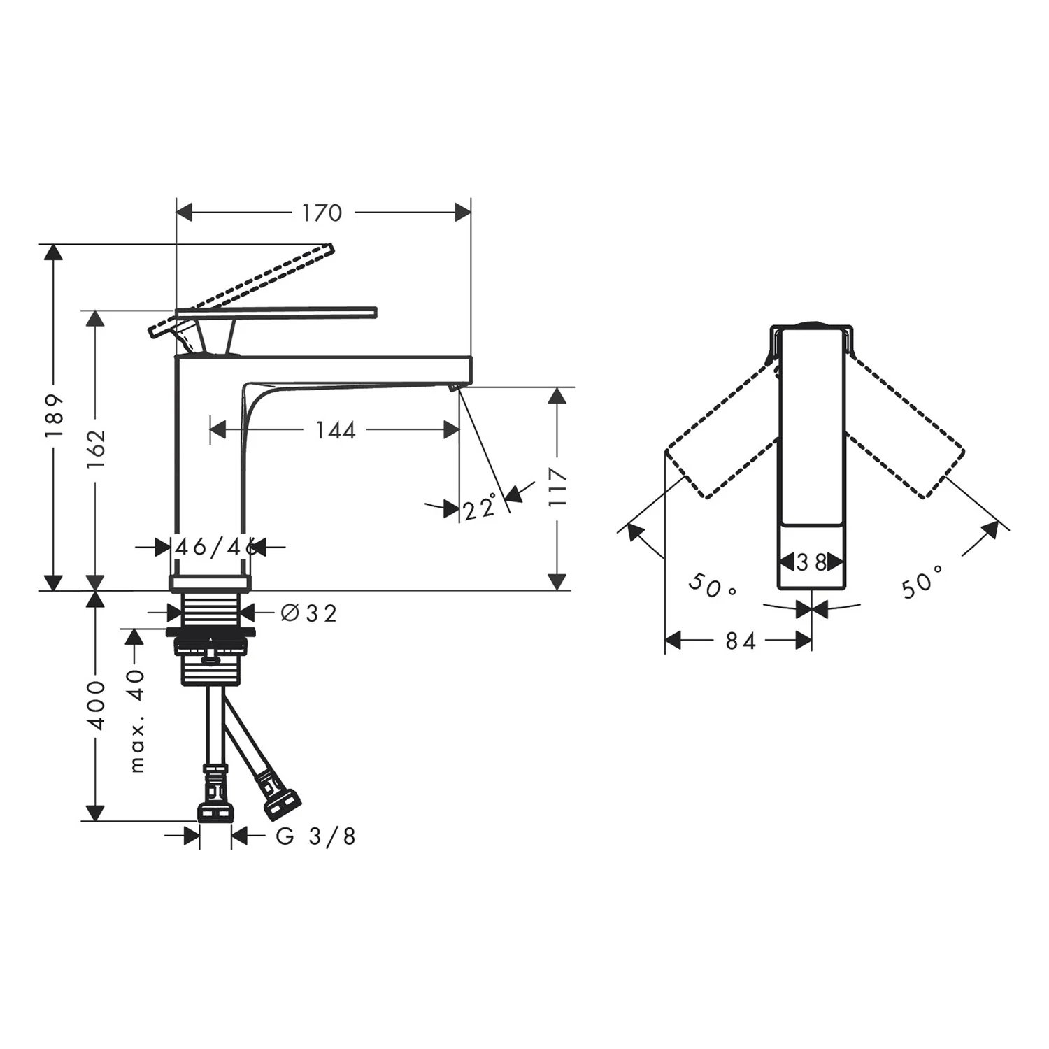 Rysunek techniczny baterii umywalkowej z wymiarami, hansgrohe