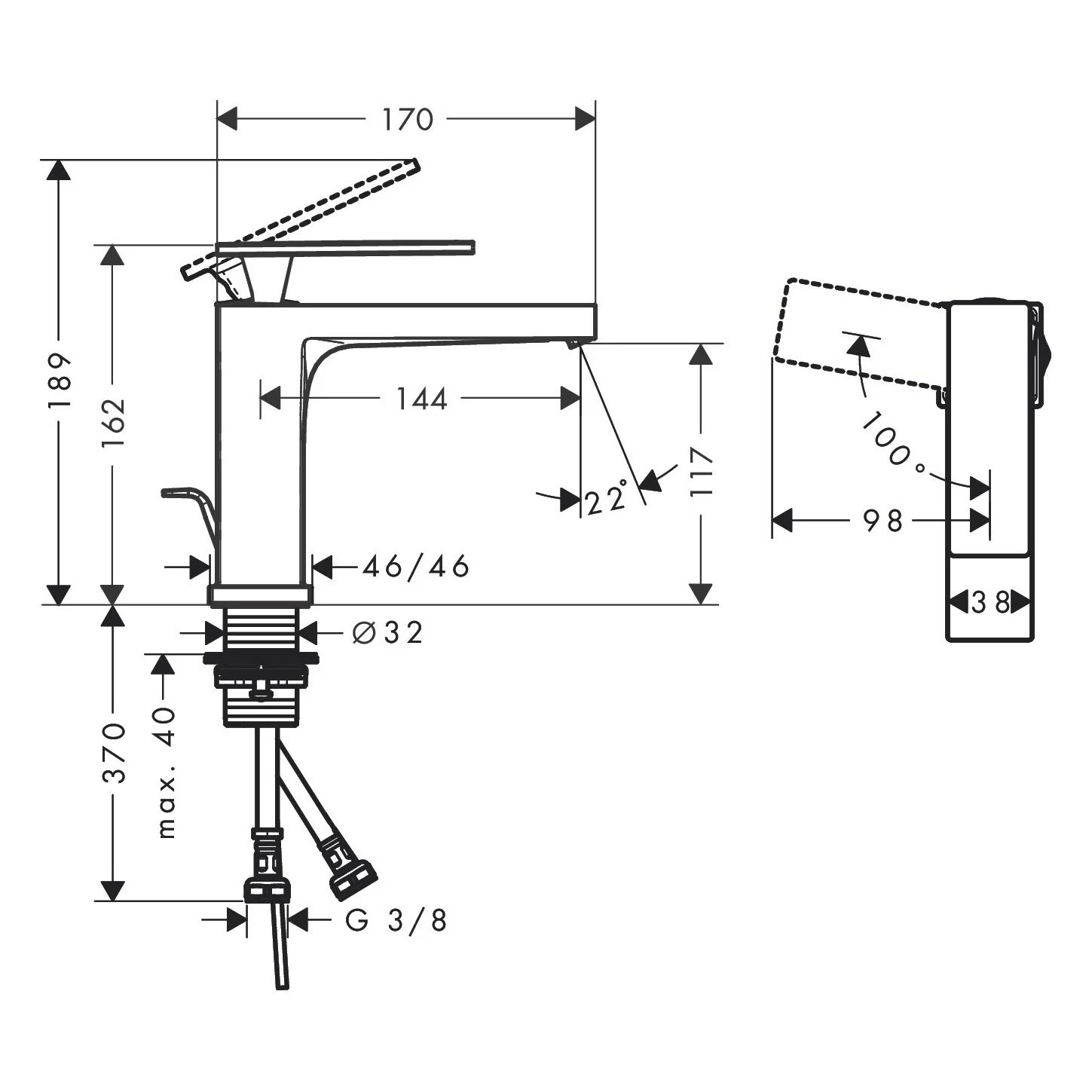 Rysunek techniczny baterii umywalkowej z wymiarami, hansgrohe