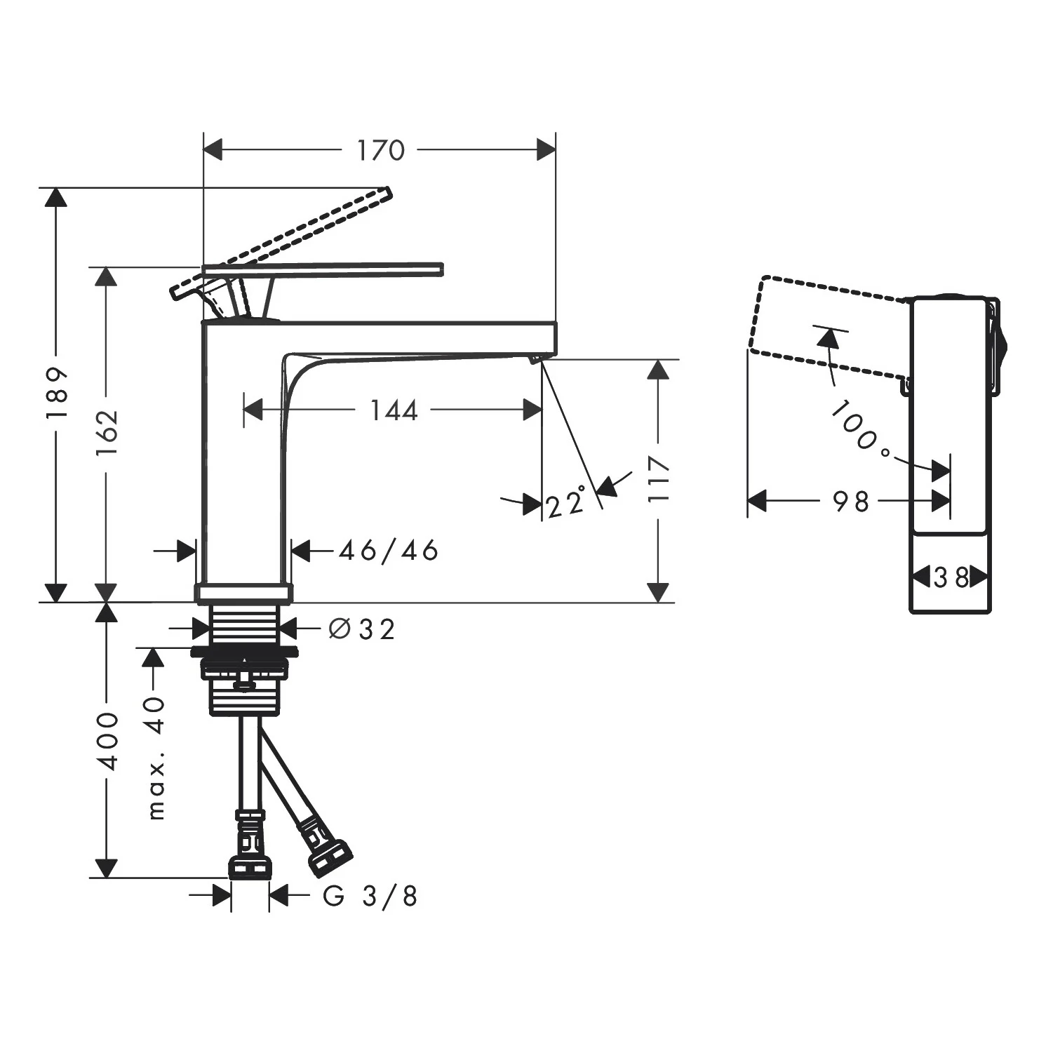 Rysunek techniczny baterii umywalkowej z wymiarami, hansgrohe
