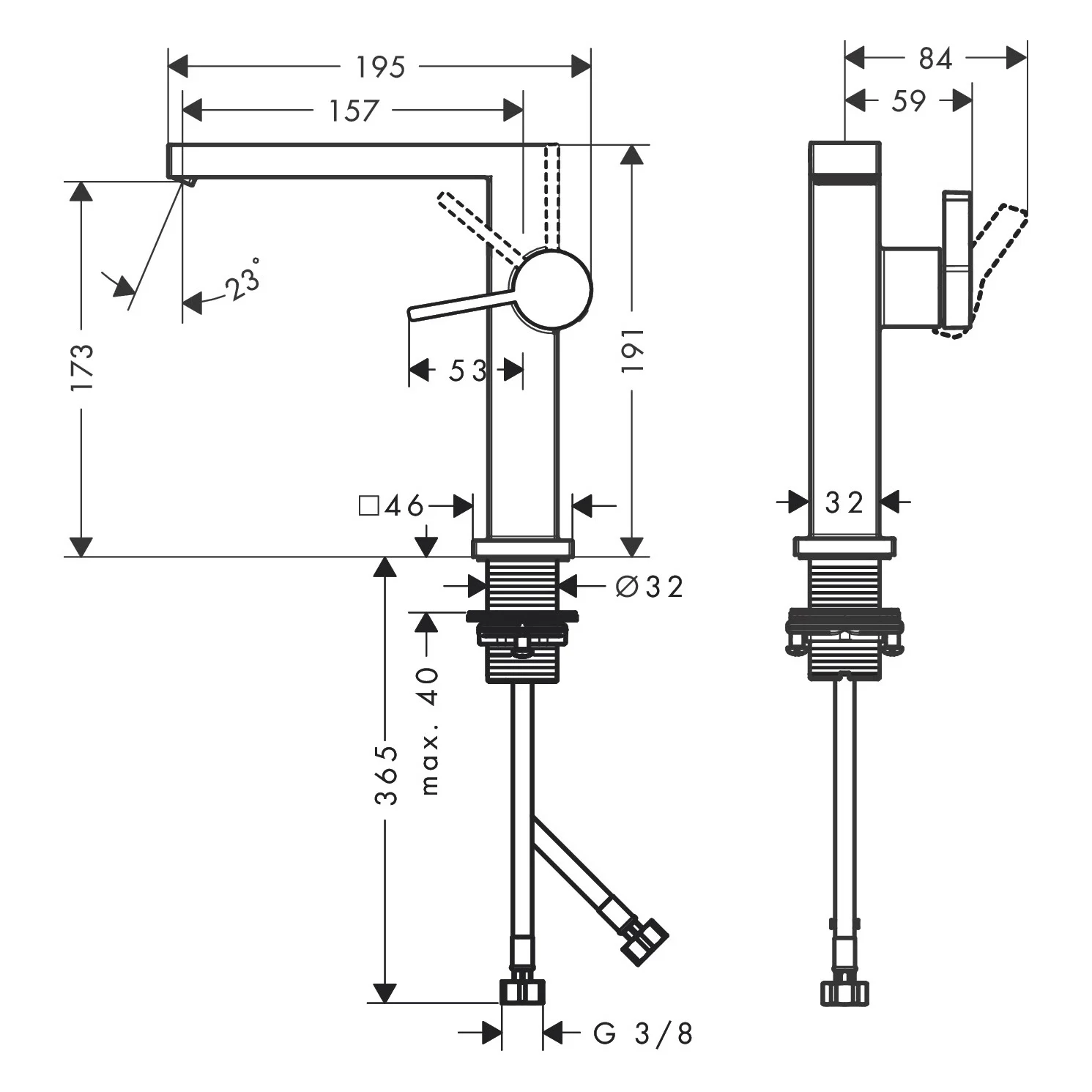Rysunek techniczny baterii umywalkowej z wymiarami, hansgrohe
