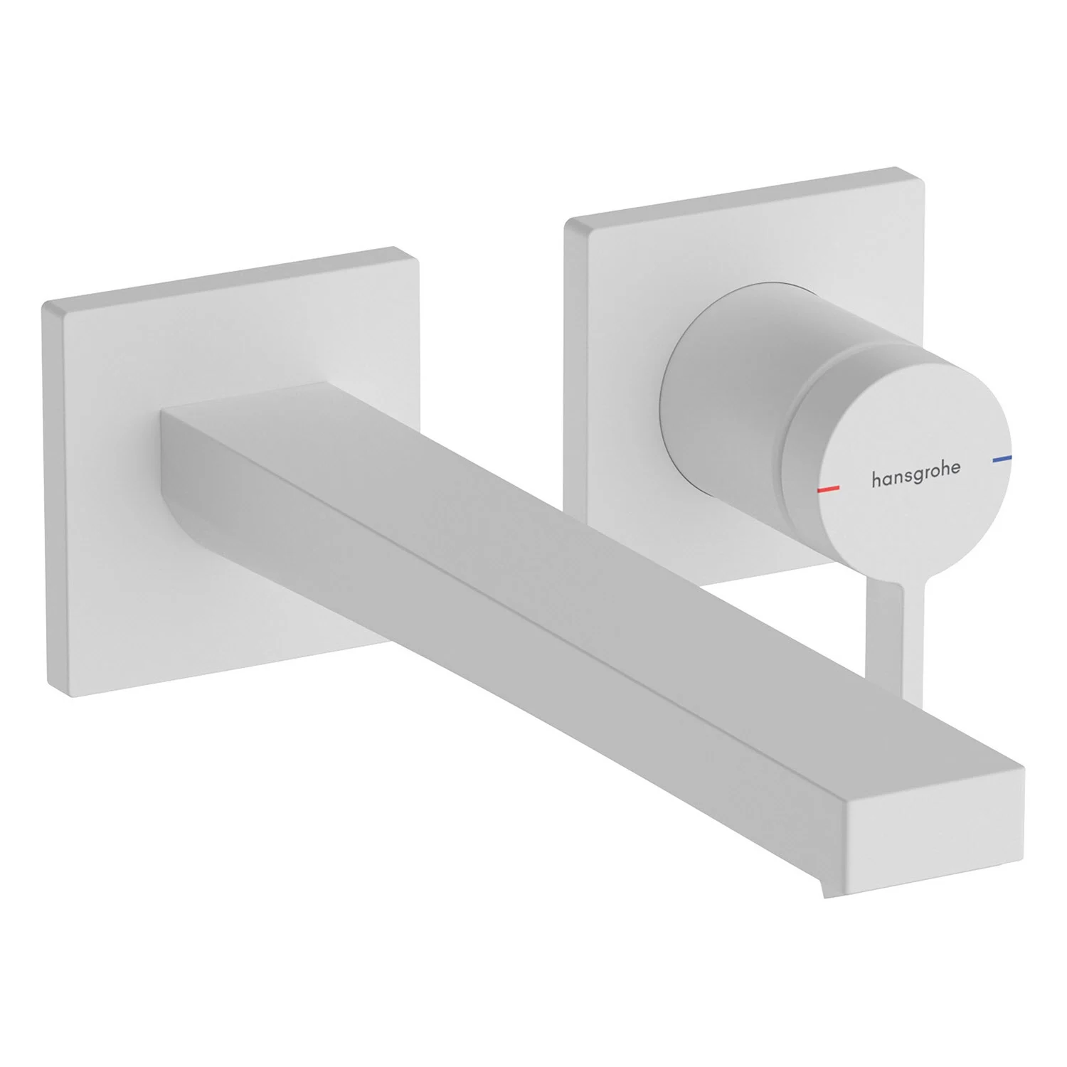 Biały kran ścienny z widokiem z przodu, hansgrohe