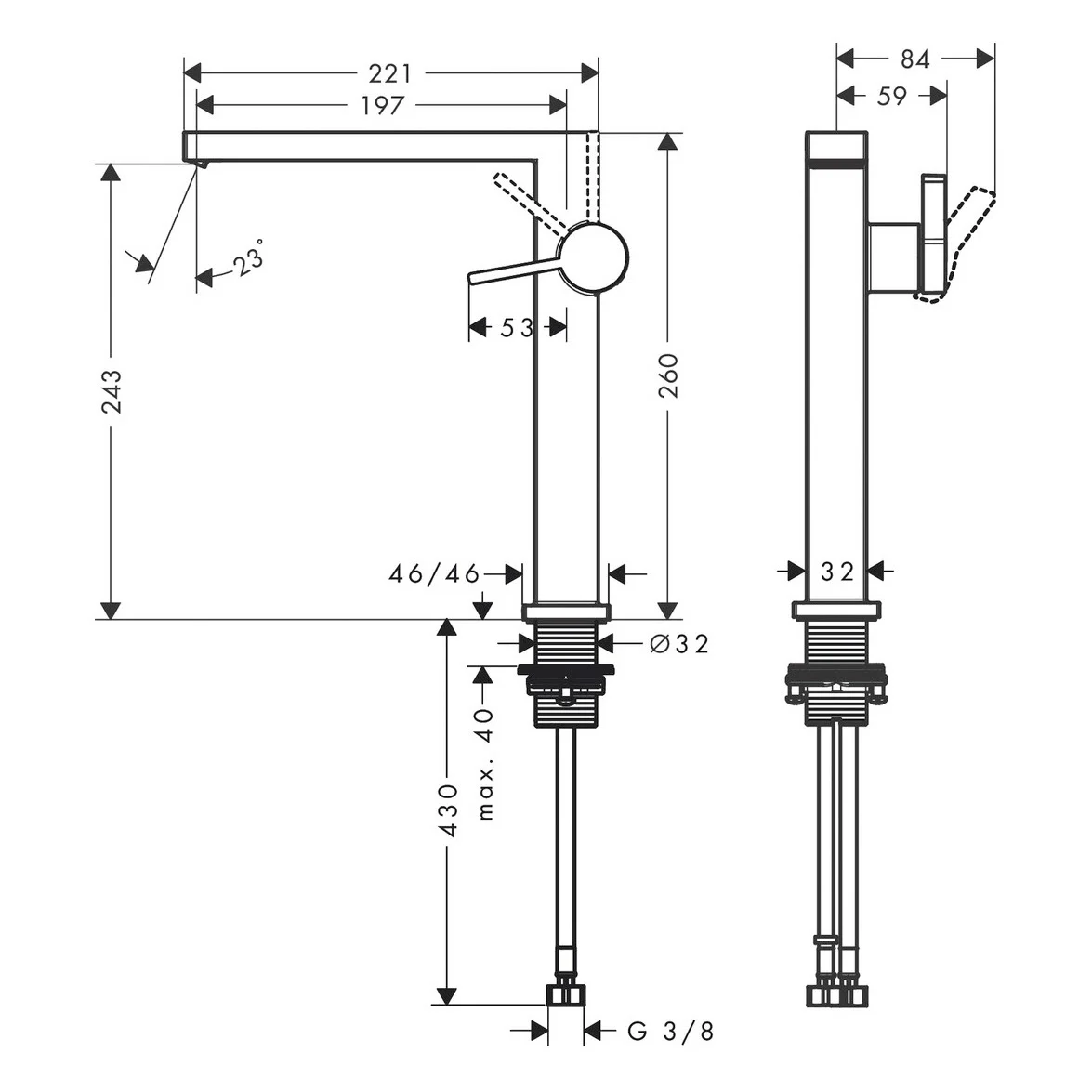 Rysunek techniczny baterii umywalkowej, hansgrohe