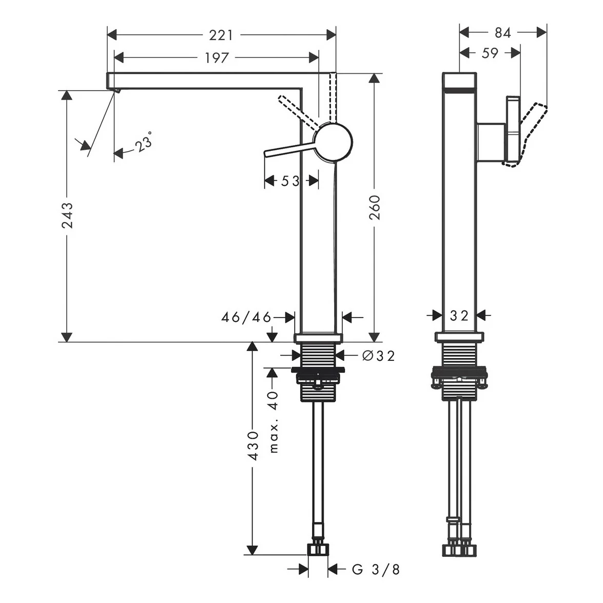 Rysunek techniczny baterii umywalkowej, hansgrohe