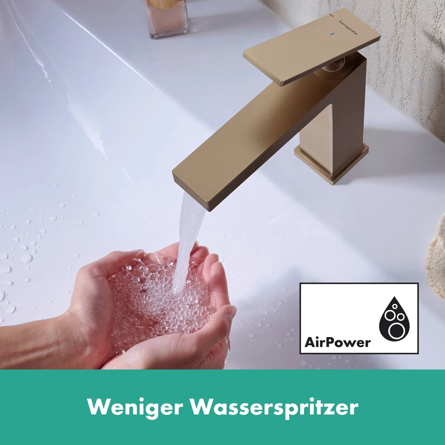 Złota bateria umywalkowa z bieżącą wodą, hansgrohe