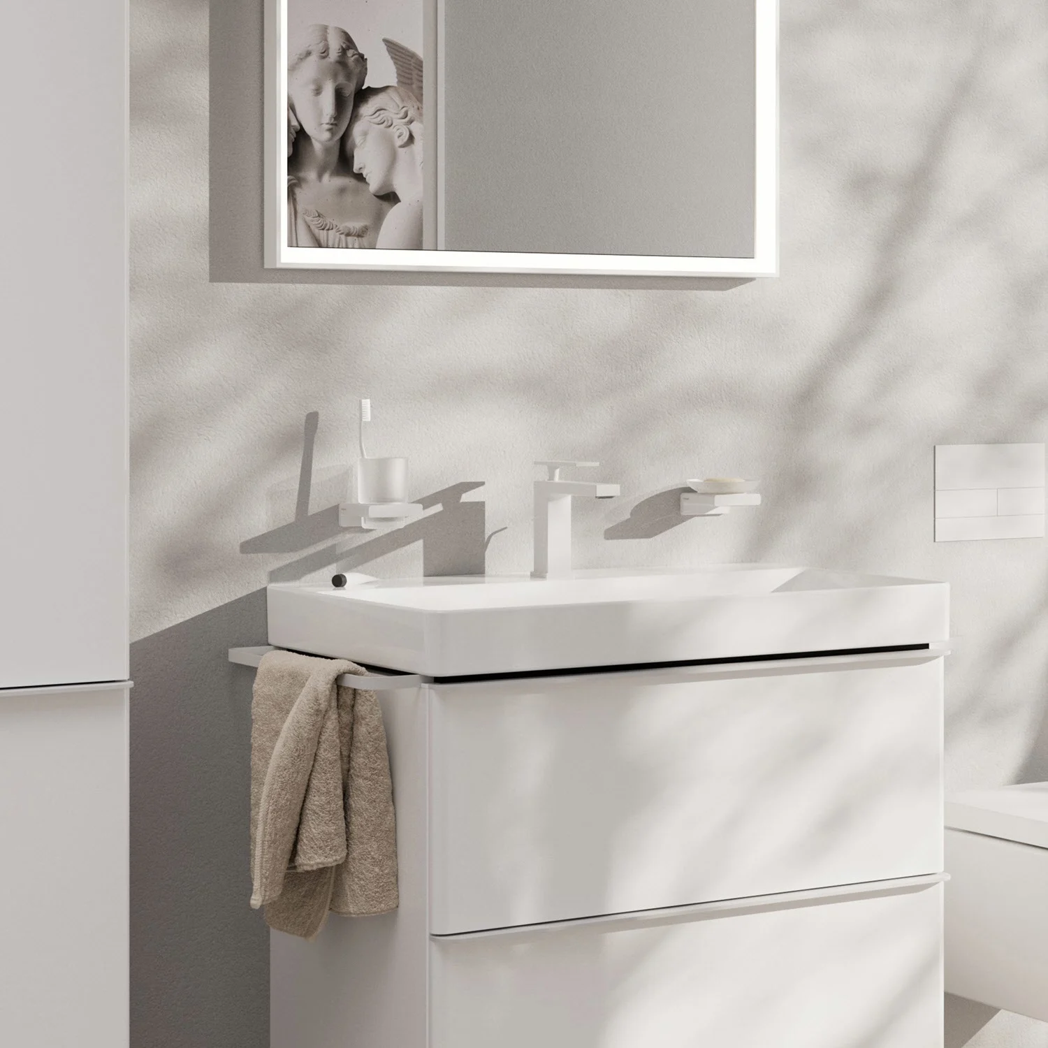 Biała bateria umywalkowa w łazience, hansgrohe