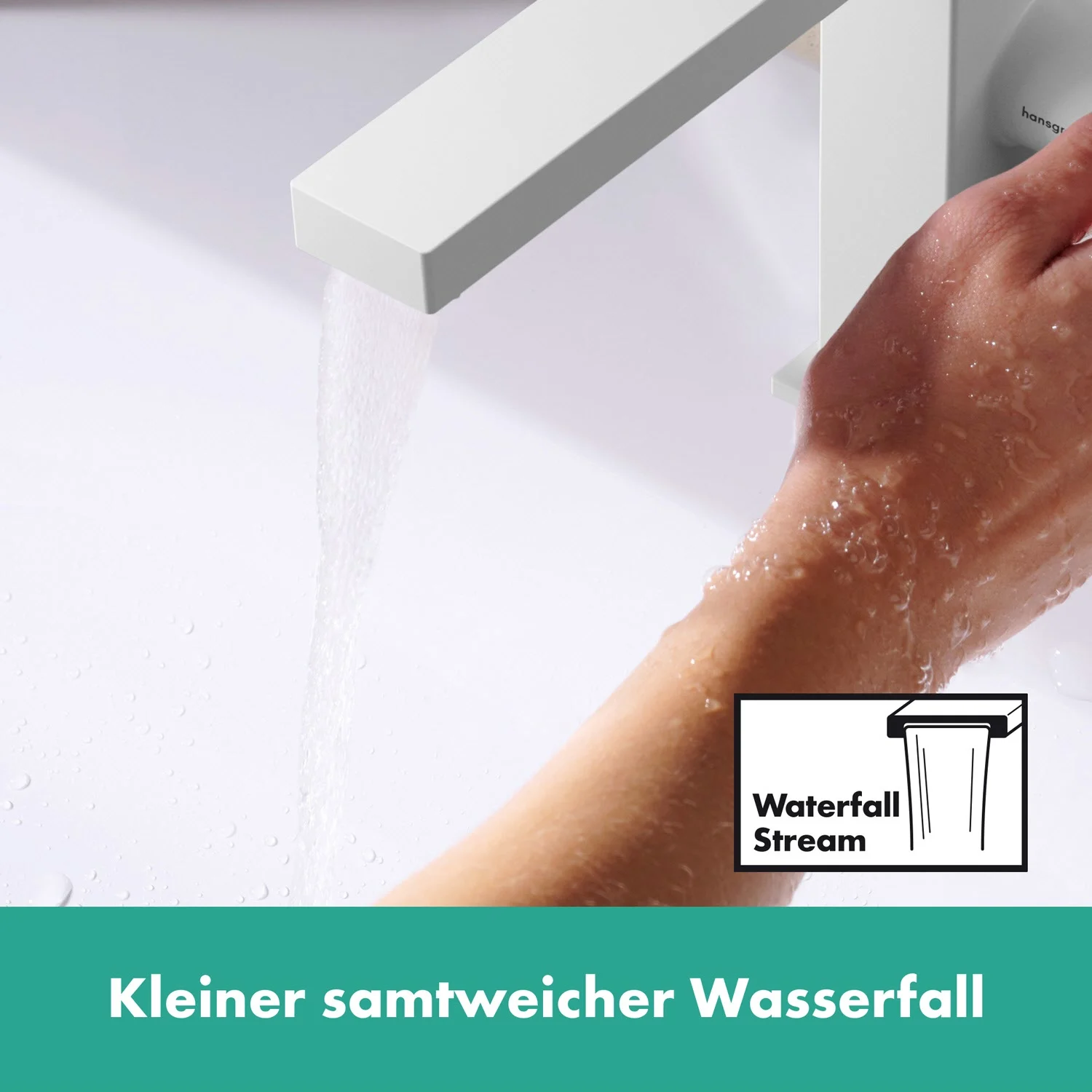 Biała bateria umywalkowa z wodospadem i symbolem, hansgrohe