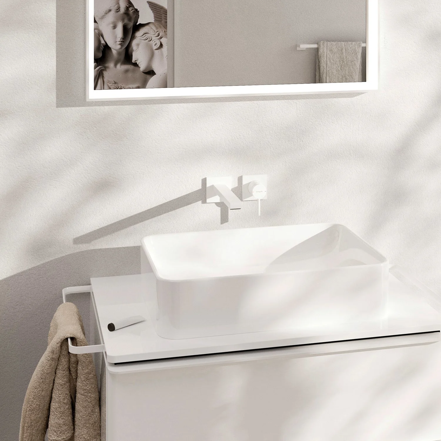 Umywalka z białą baterią w łazience, hansgrohe