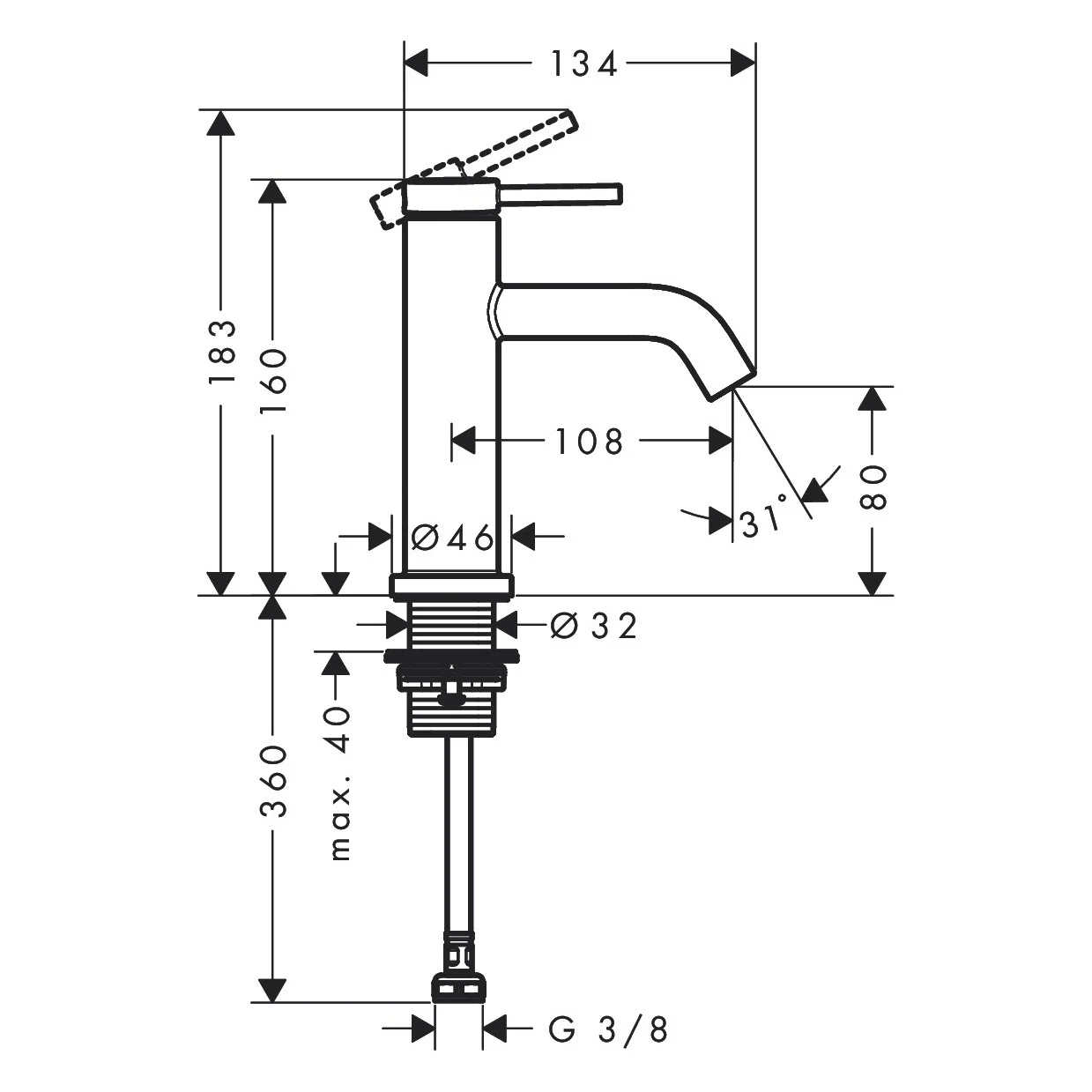 Rysunek techniczny baterii umywalkowej z wymiarami, hansgrohe