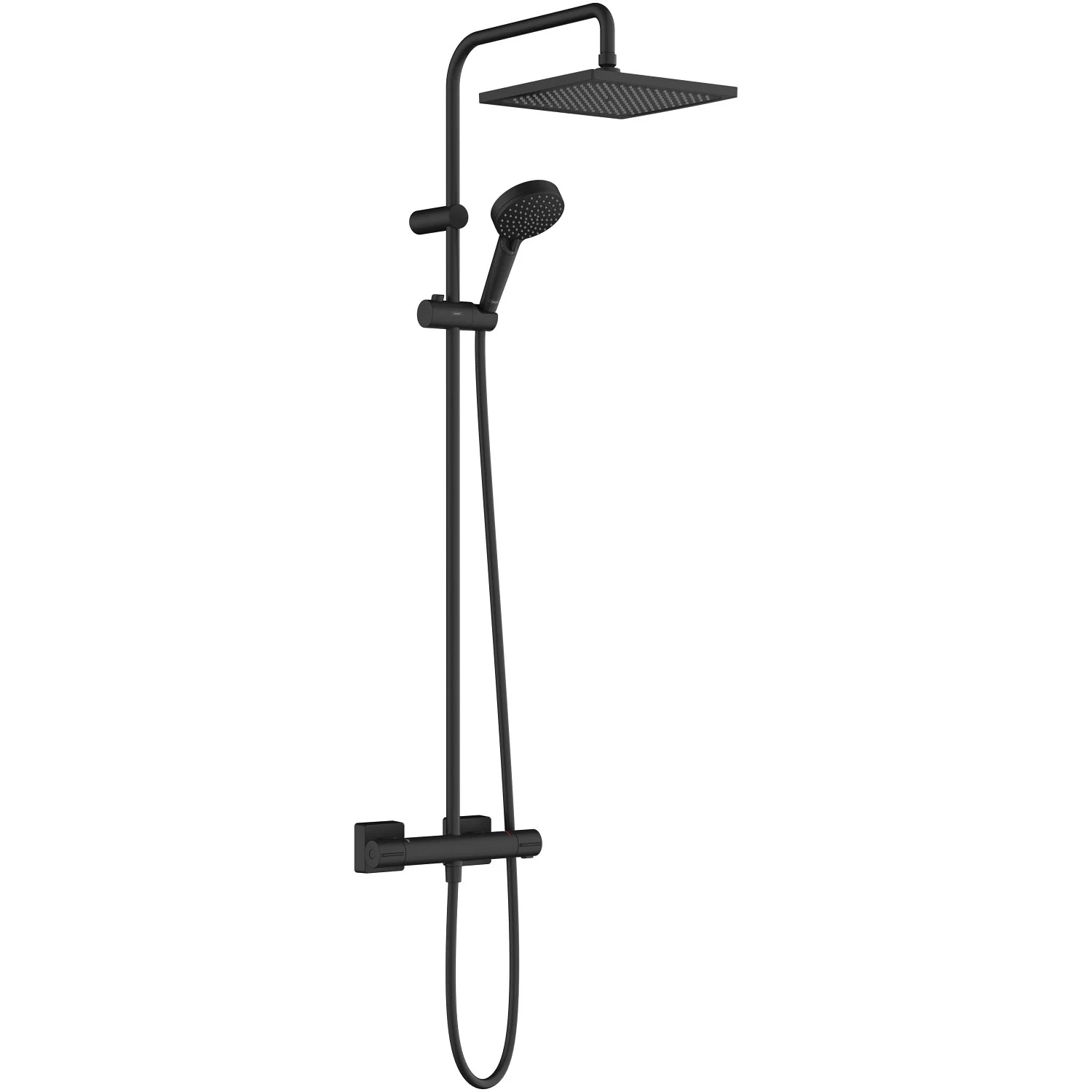 Czarny system prysznicowy z rączką i deszczownicą, hansgrohe