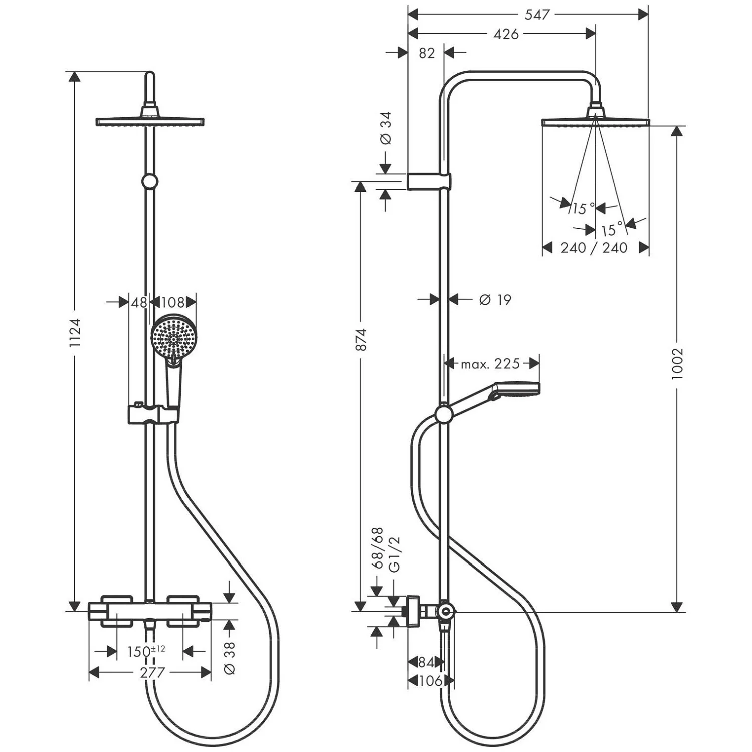 Rysunek techniczny systemu prysznicowego z wymiarami, hansgrohe