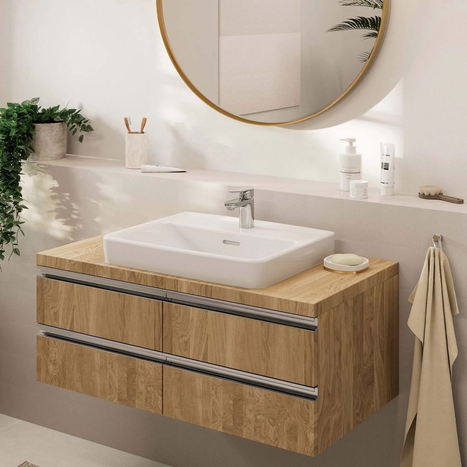 Łazienka z chromowanym kranem i drewnianą umywalką, hansgrohe
