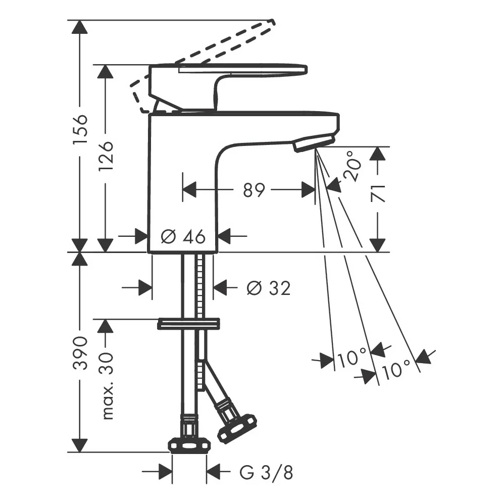Rysunek techniczny baterii z wymiarami, hansgrohe