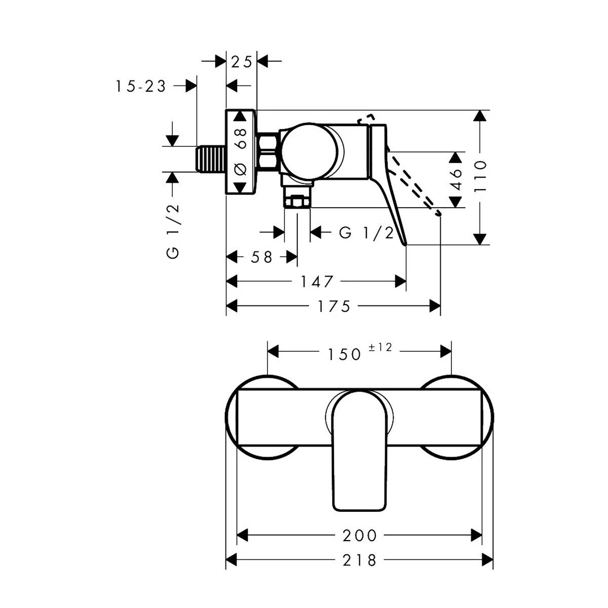 Rysunek techniczny baterii prysznicowej z wymiarami, hansgrohe