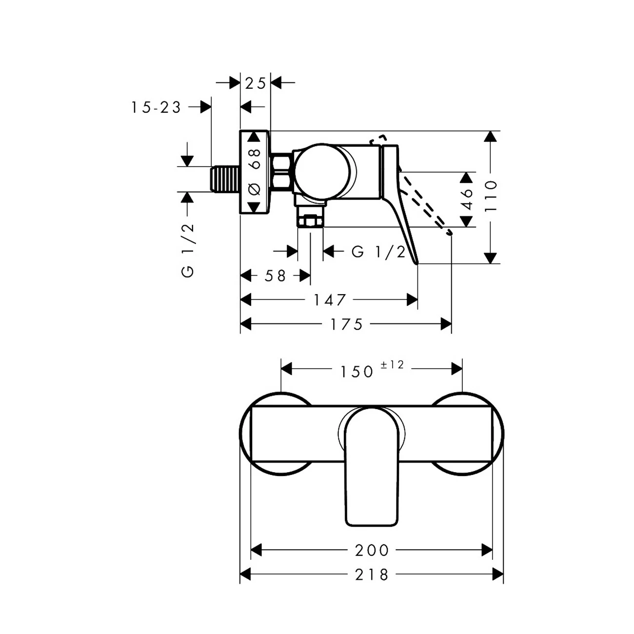 Rysunek techniczny baterii prysznicowej z wymiarami, hansgrohe