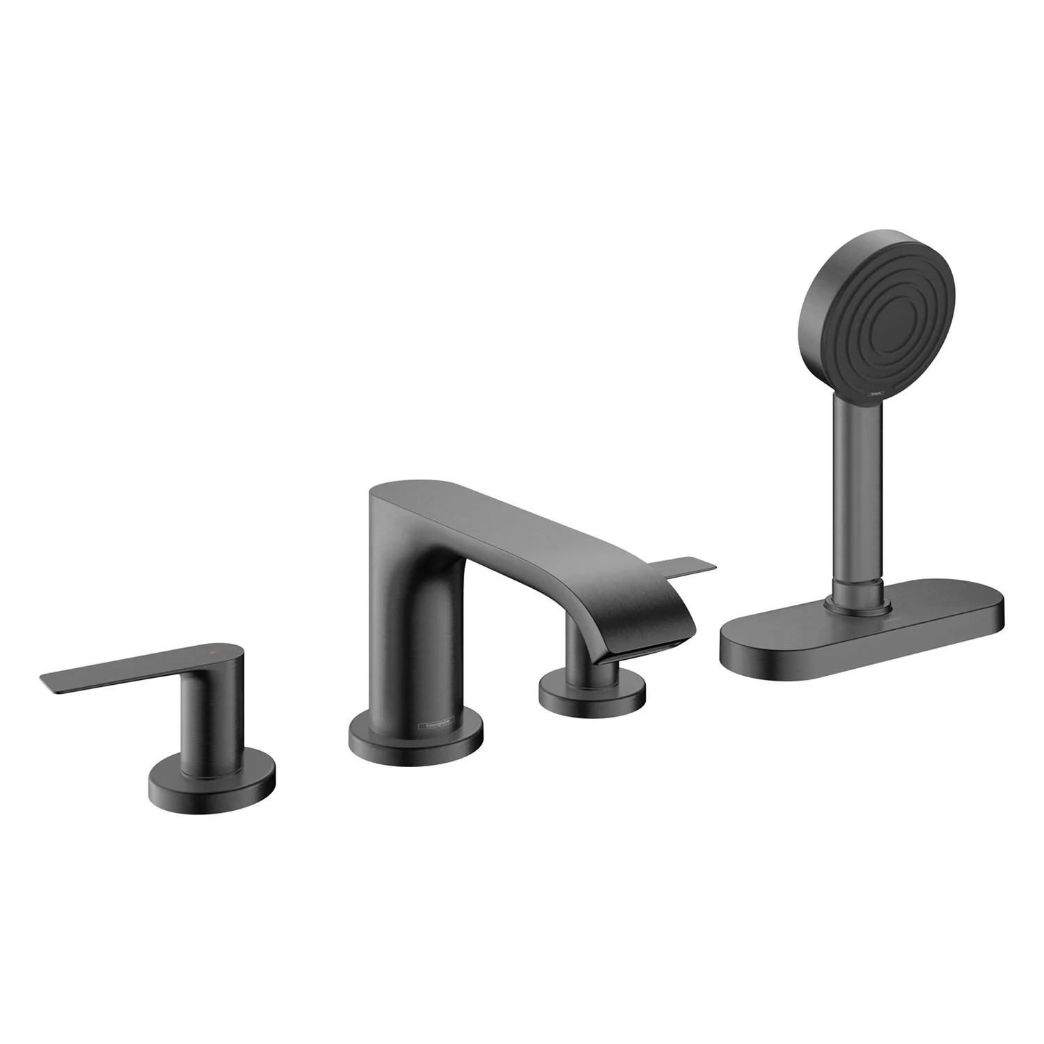 Czarna bateria wannowa 4-otworowa z prysznicem ręcznym, hansgrohe