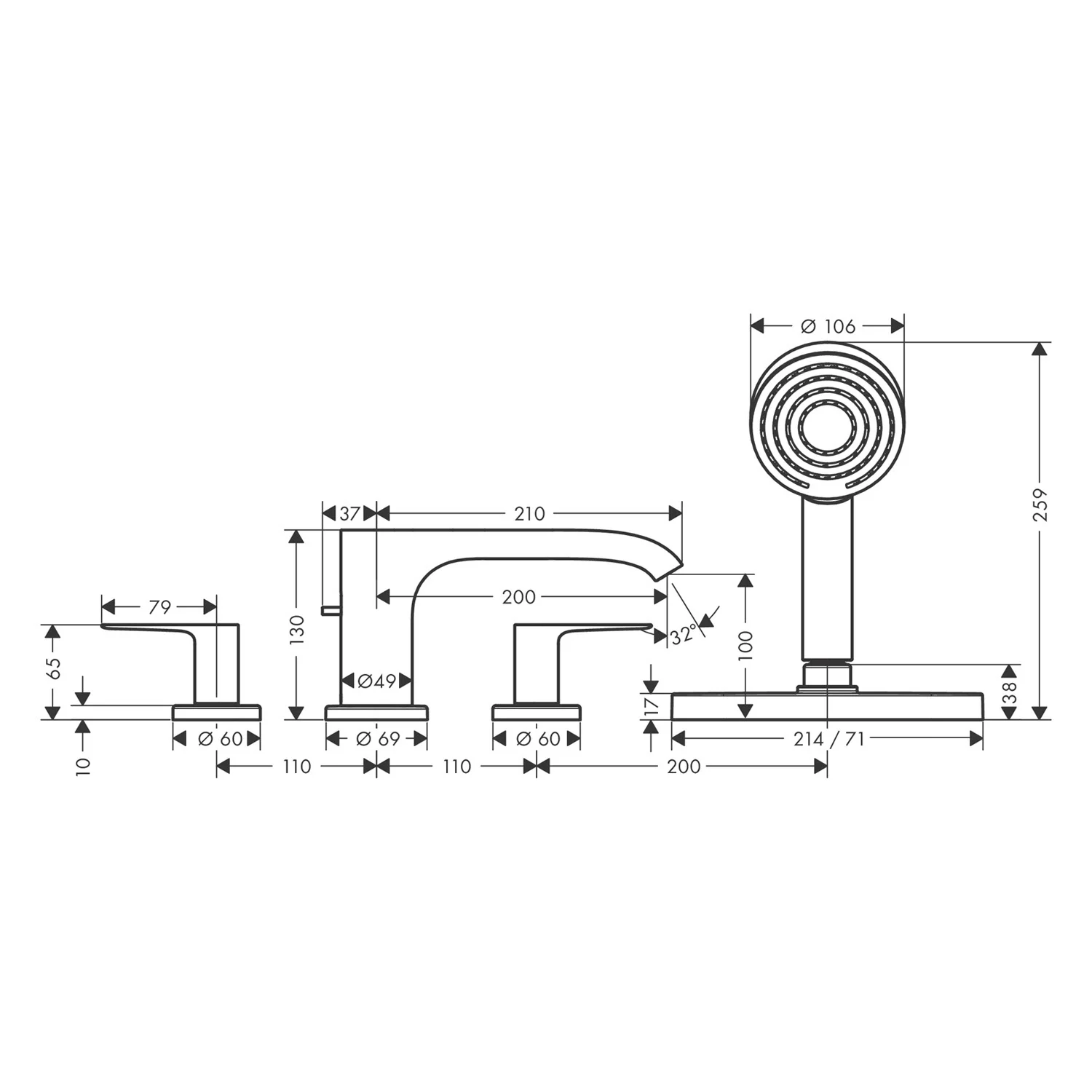 Rysunek techniczny baterii wannowej 4-otworowej z wymiarami, hansgrohe