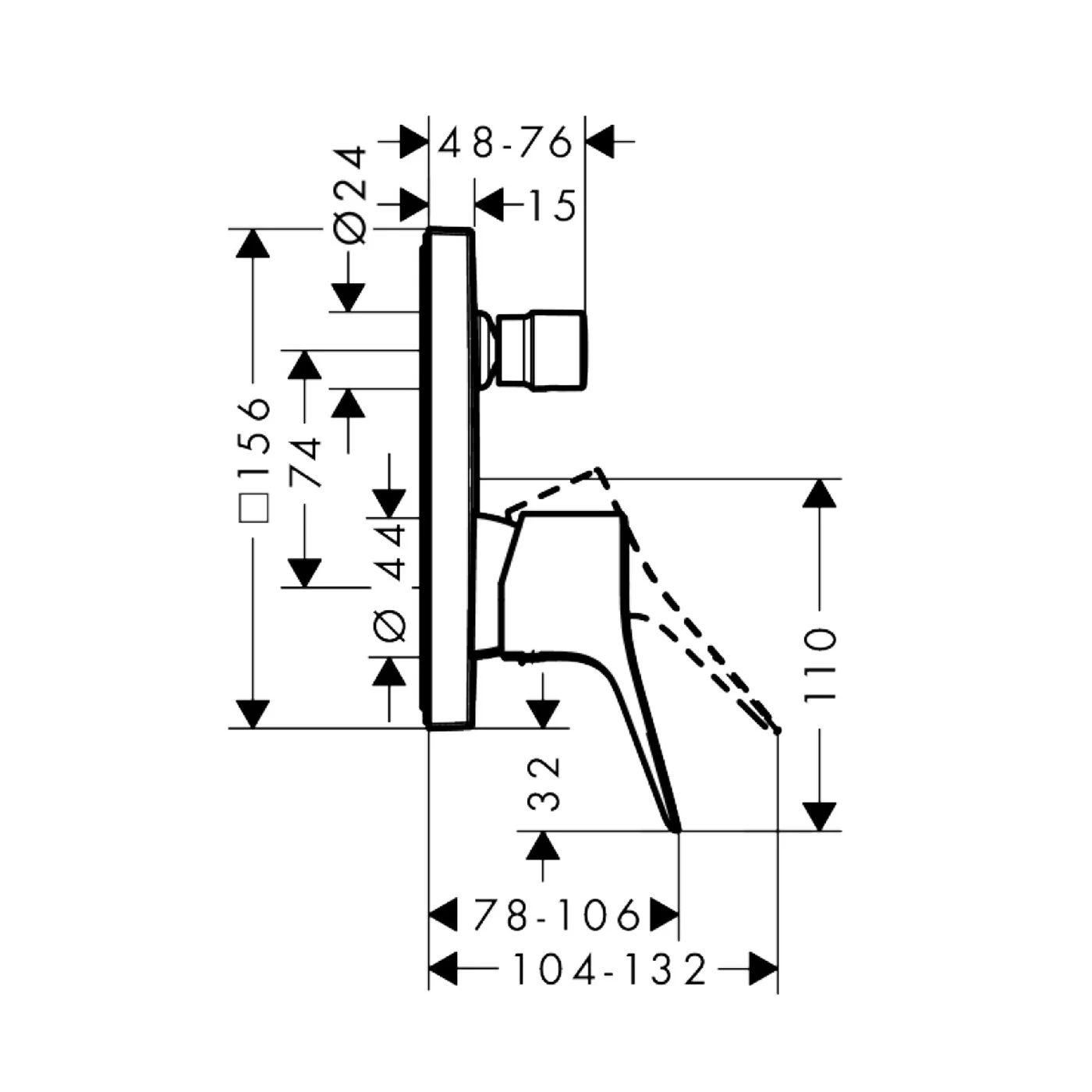 Rysunek techniczny baterii wannowej z wymiarami, hansgrohe