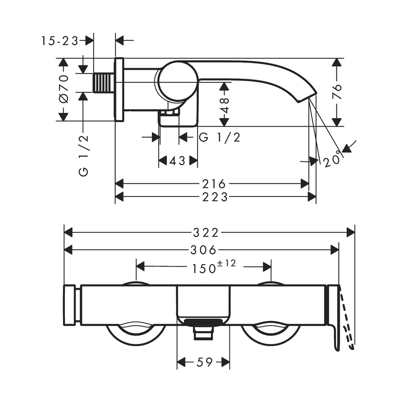 Rysunek techniczny baterii wannowej z wymiarami, hansgrohe