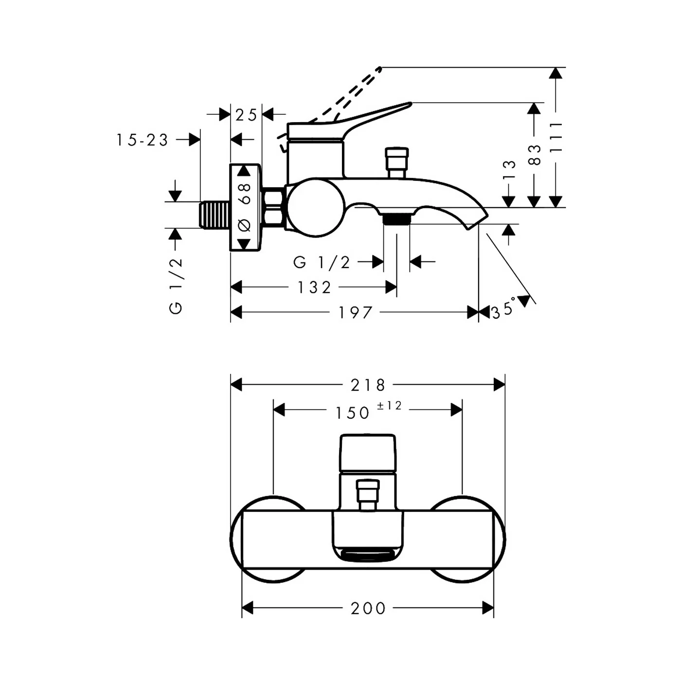 Rysunek techniczny baterii wannowej z wymiarami, hansgrohe
