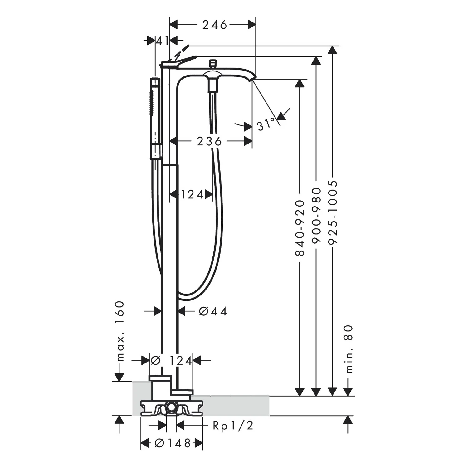 Rysunek techniczny baterii wannowej z wymiarami, hansgrohe