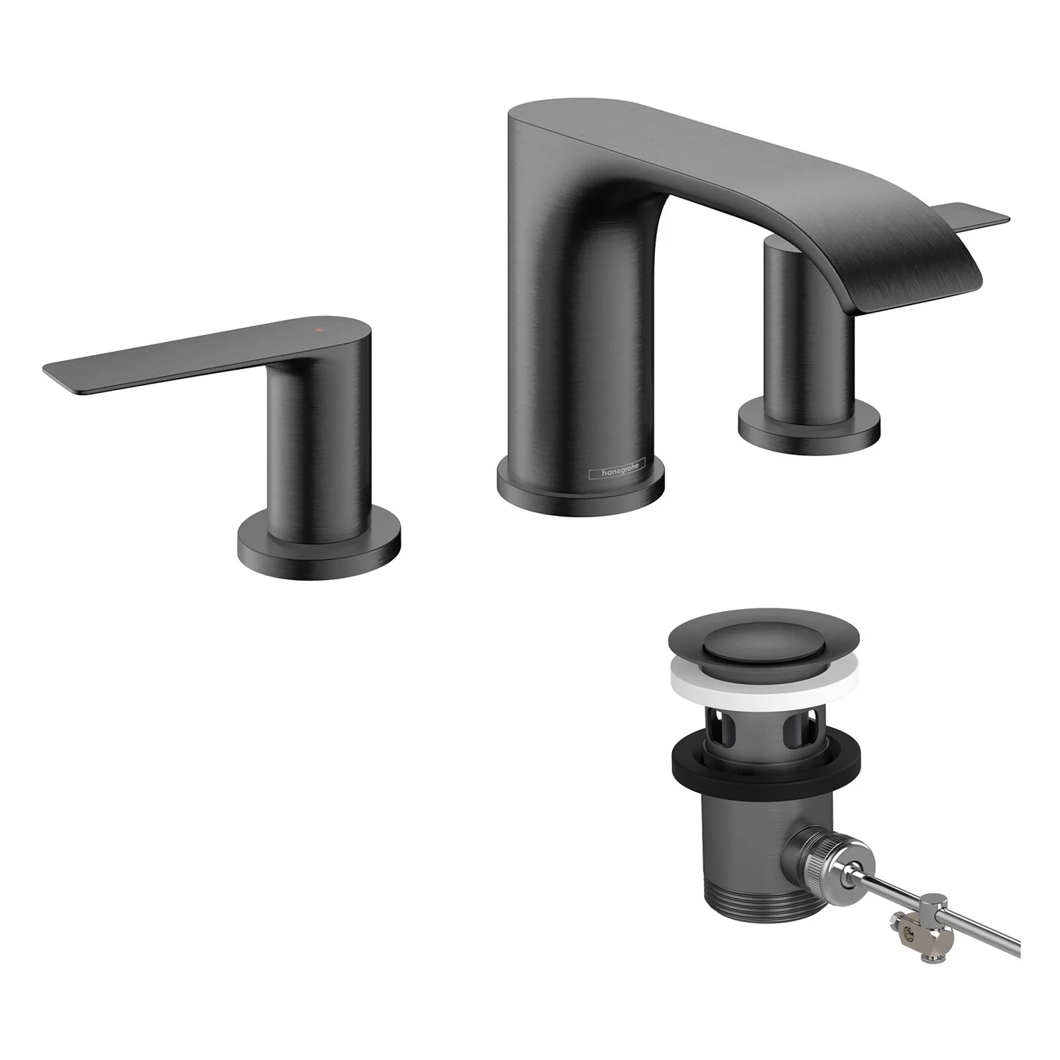 Czarna bateria umywalkowa 3-otworowa z zestawem odpływowym, hansgrohe