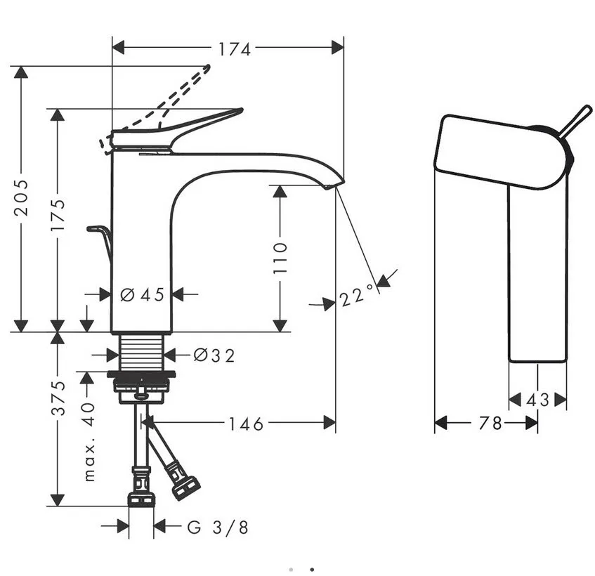 Rysunek techniczny baterii umywalkowej z wymiarami, hansgrohe