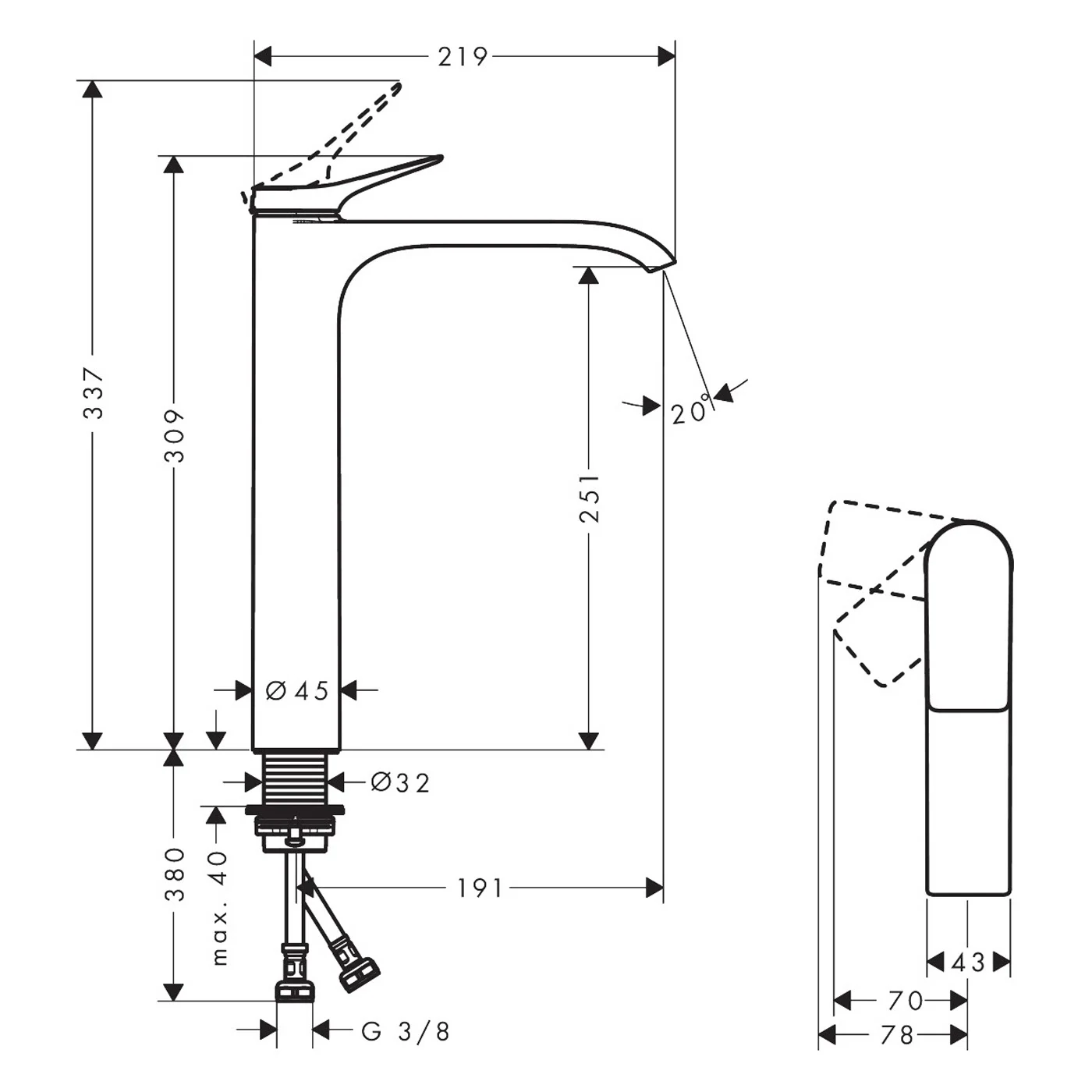 Rysunek techniczny baterii umywalkowej z wymiarami, hansgrohe