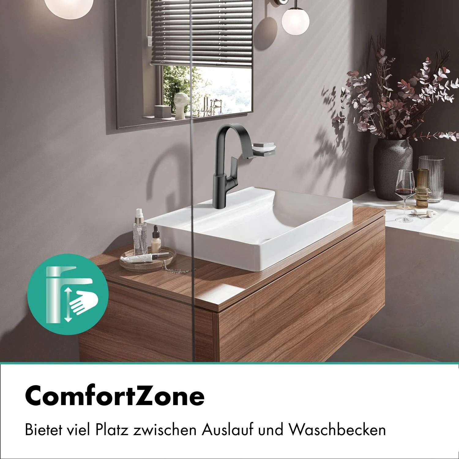 Łazienka z baterią umywalkową i zlewem, hansgrohe