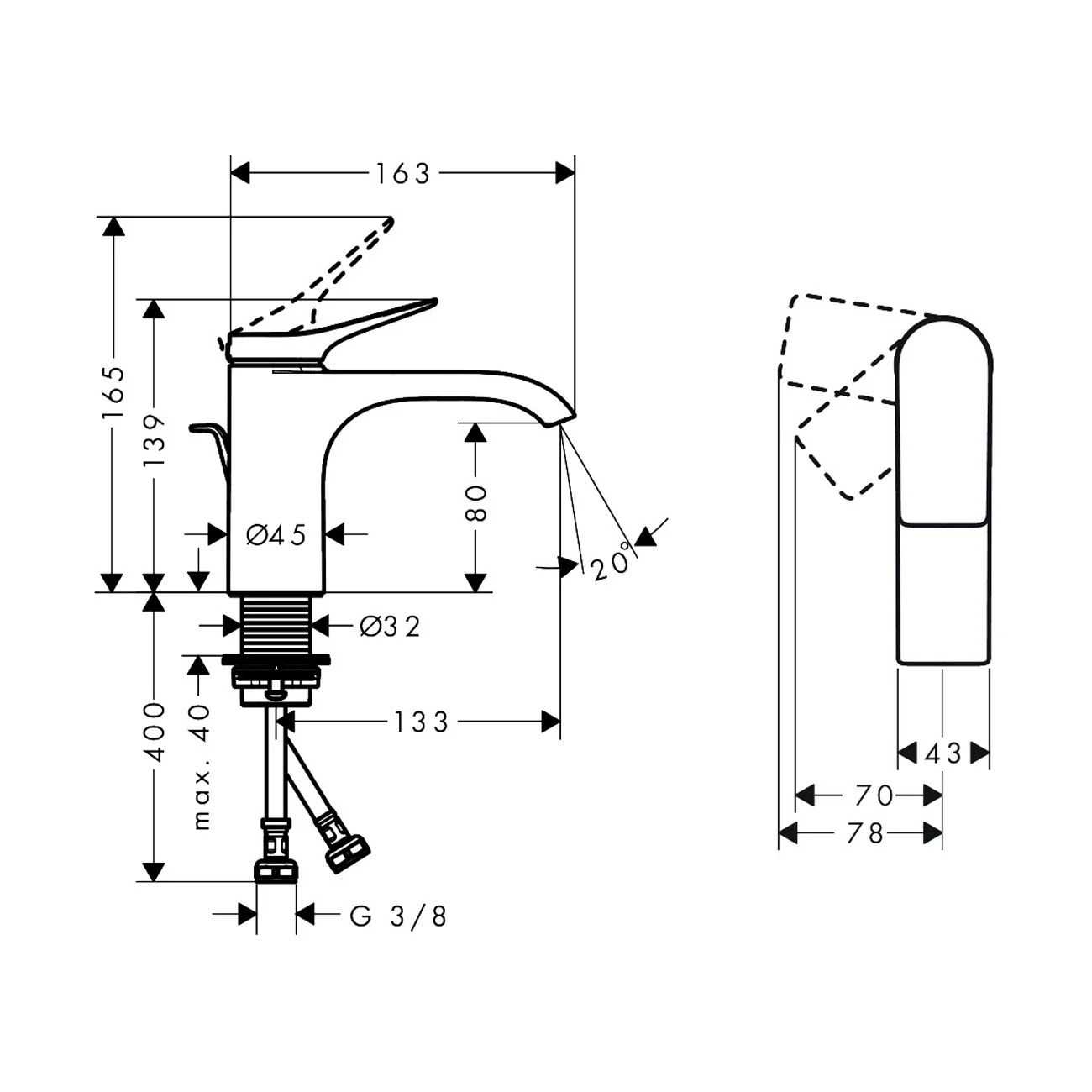 Rysunek techniczny baterii umywalkowej z wymiarami, hansgrohe
