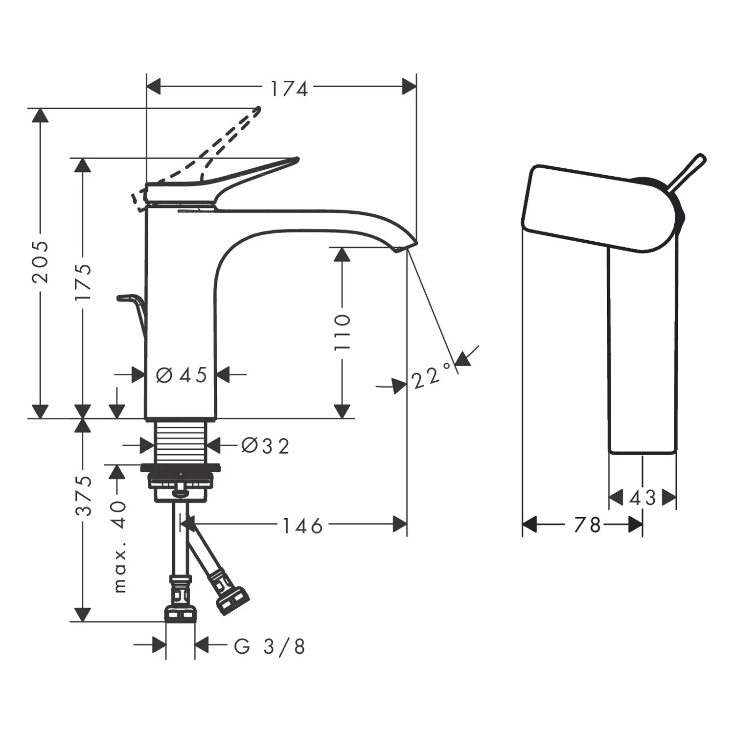 Rysunek techniczny baterii umywalkowej z wymiarami, hansgrohe