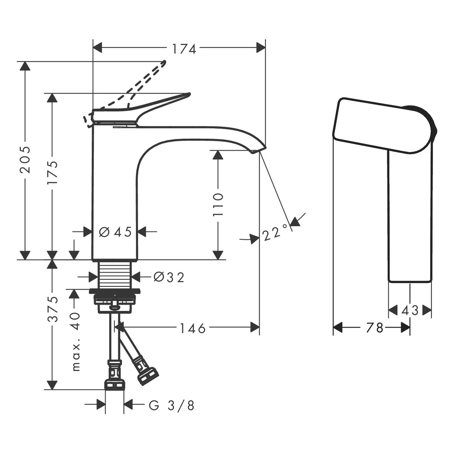 Rysunek techniczny baterii umywalkowej z wymiarami, hansgrohe