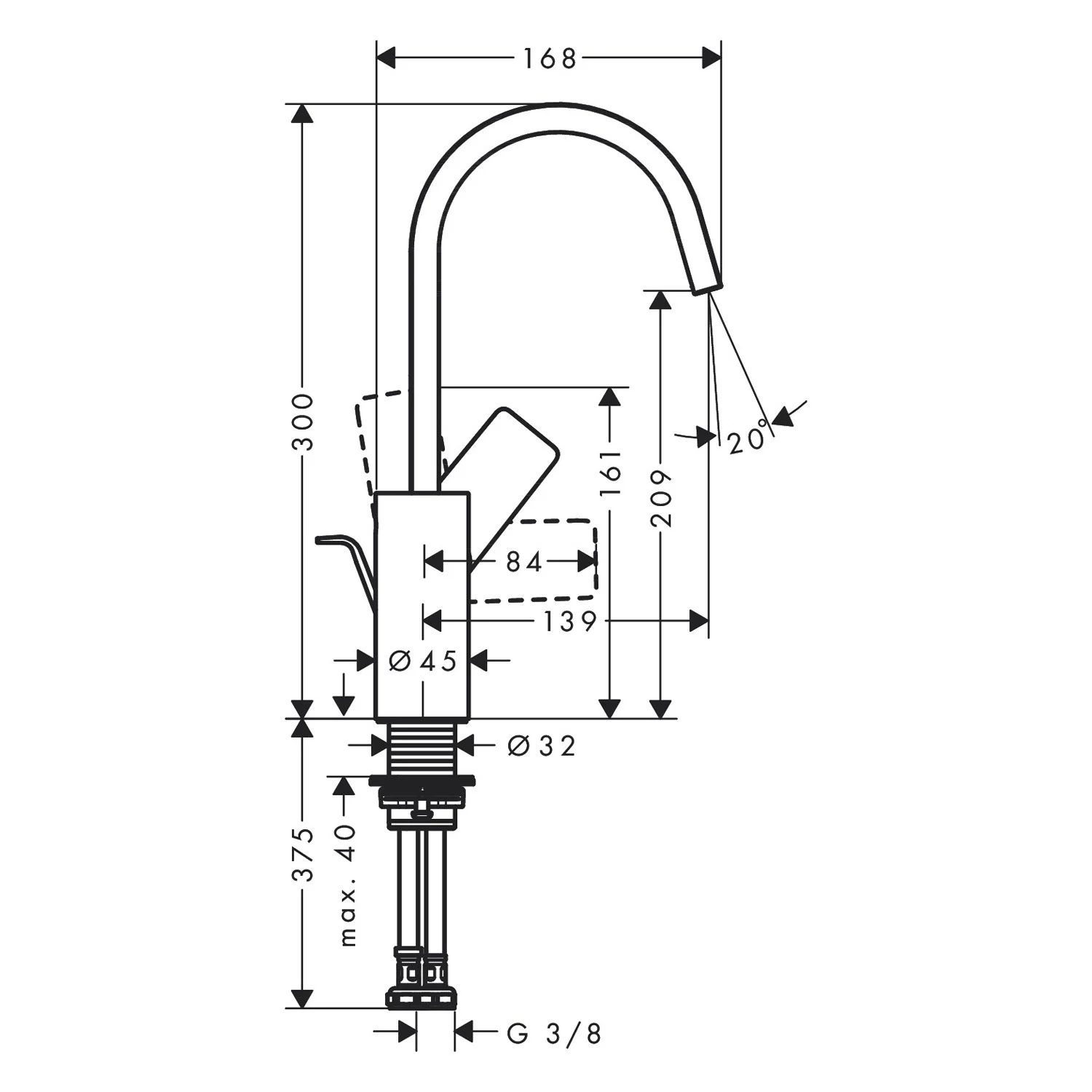 Rysunek techniczny baterii umywalkowej z wymiarami, hansgrohe