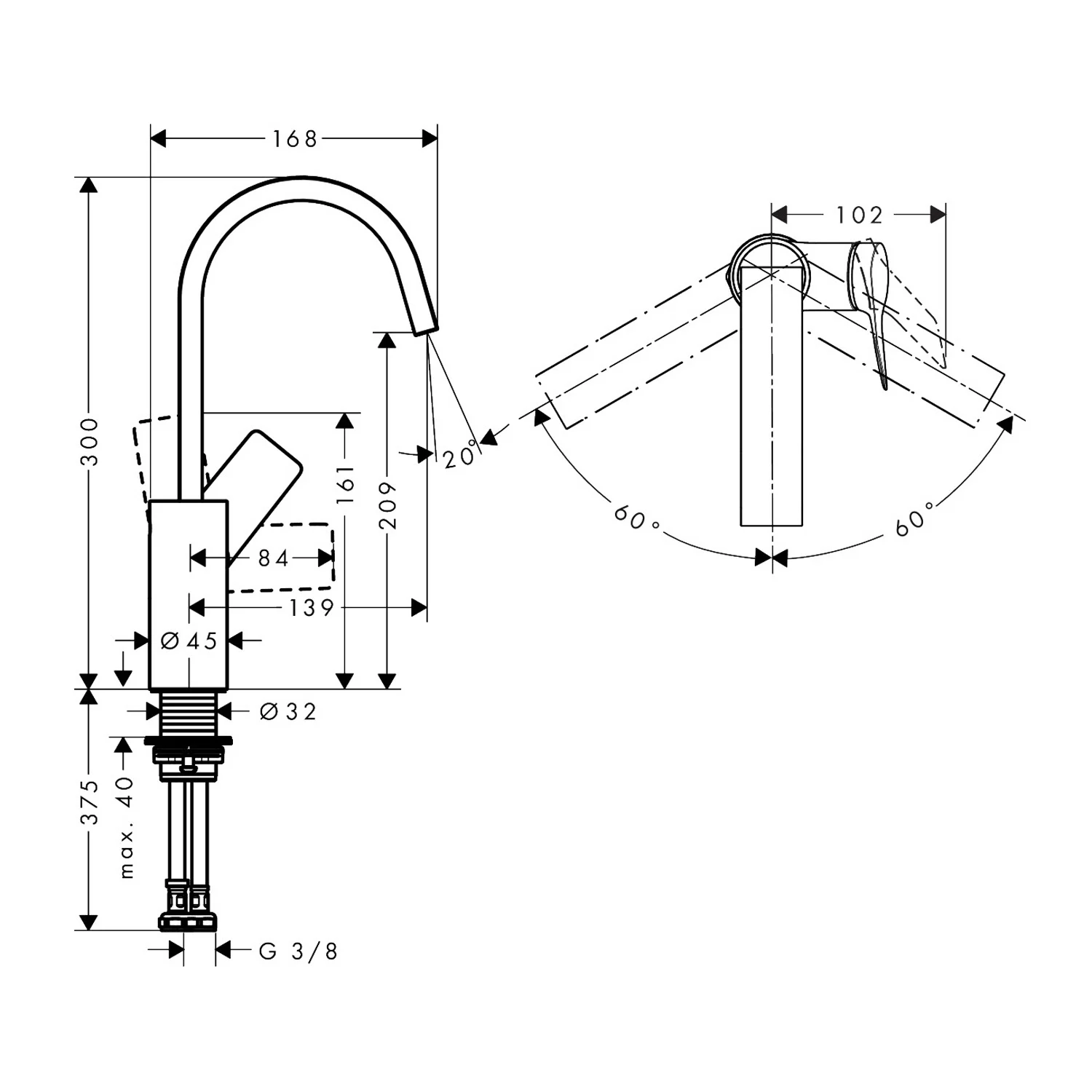 Rysunek techniczny baterii umywalkowej z wymiarami, hansgrohe