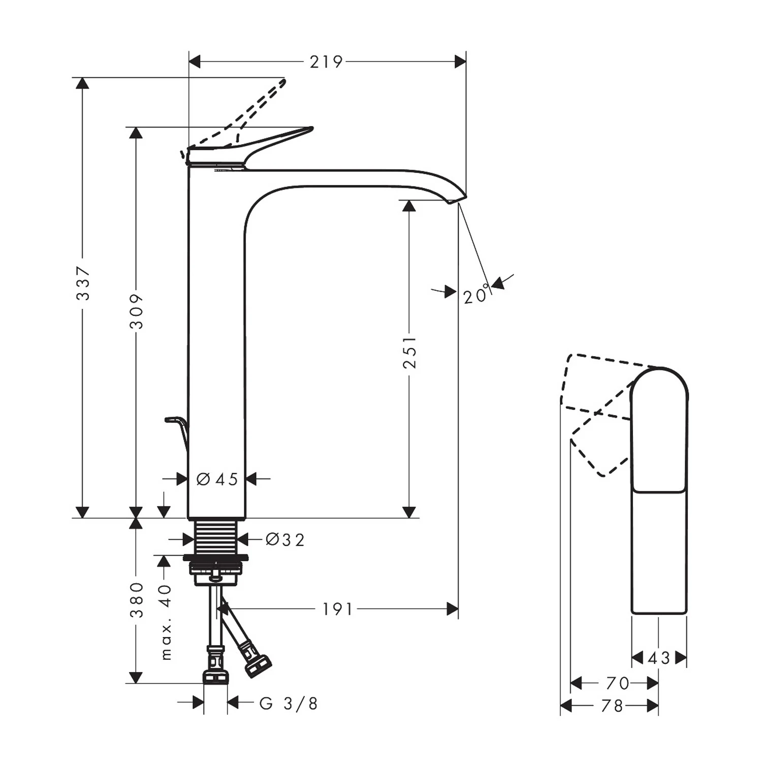 Rysunek techniczny wysokiej baterii umywalkowej, hansgrohe