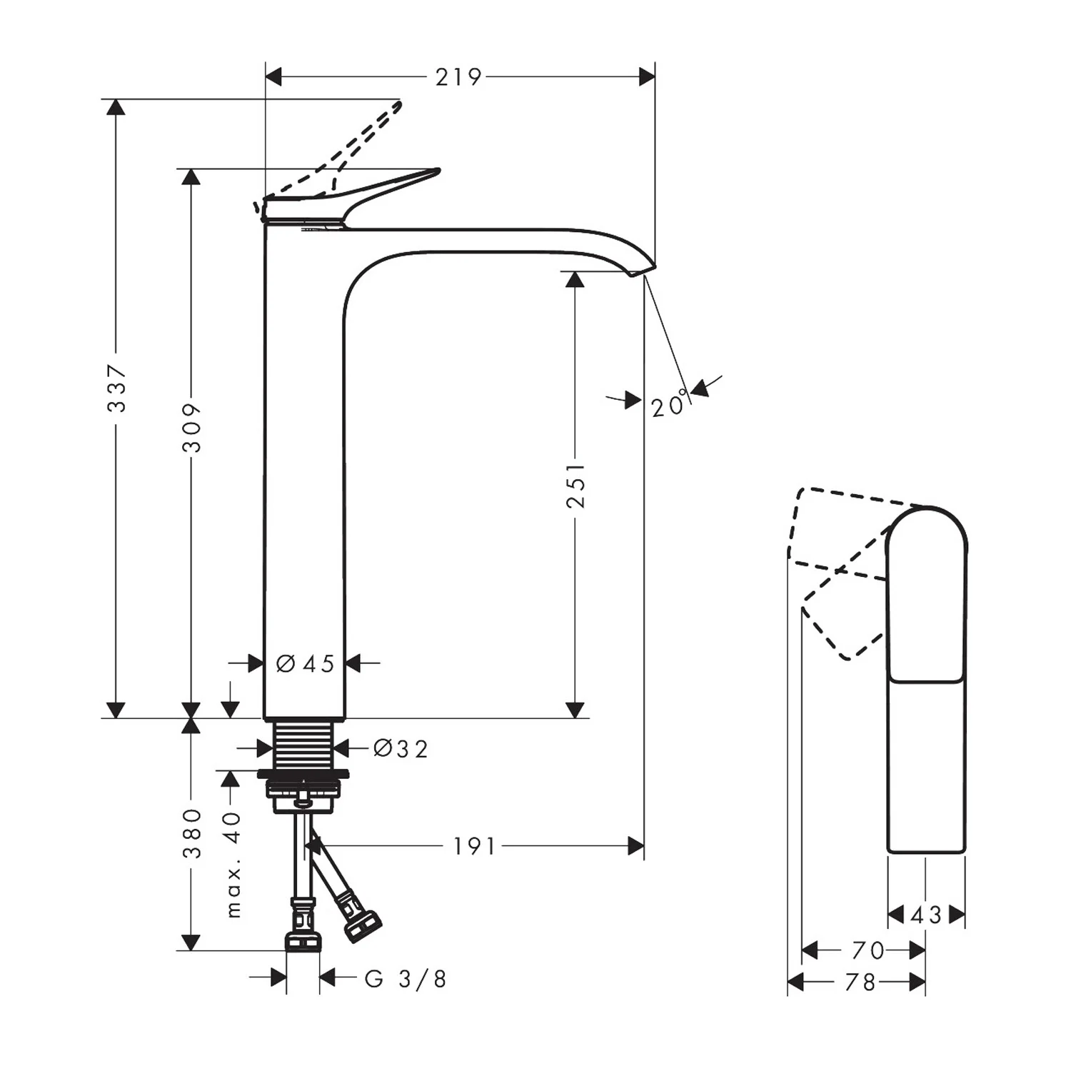Rysunek techniczny wysokiej baterii umywalkowej, hansgrohe