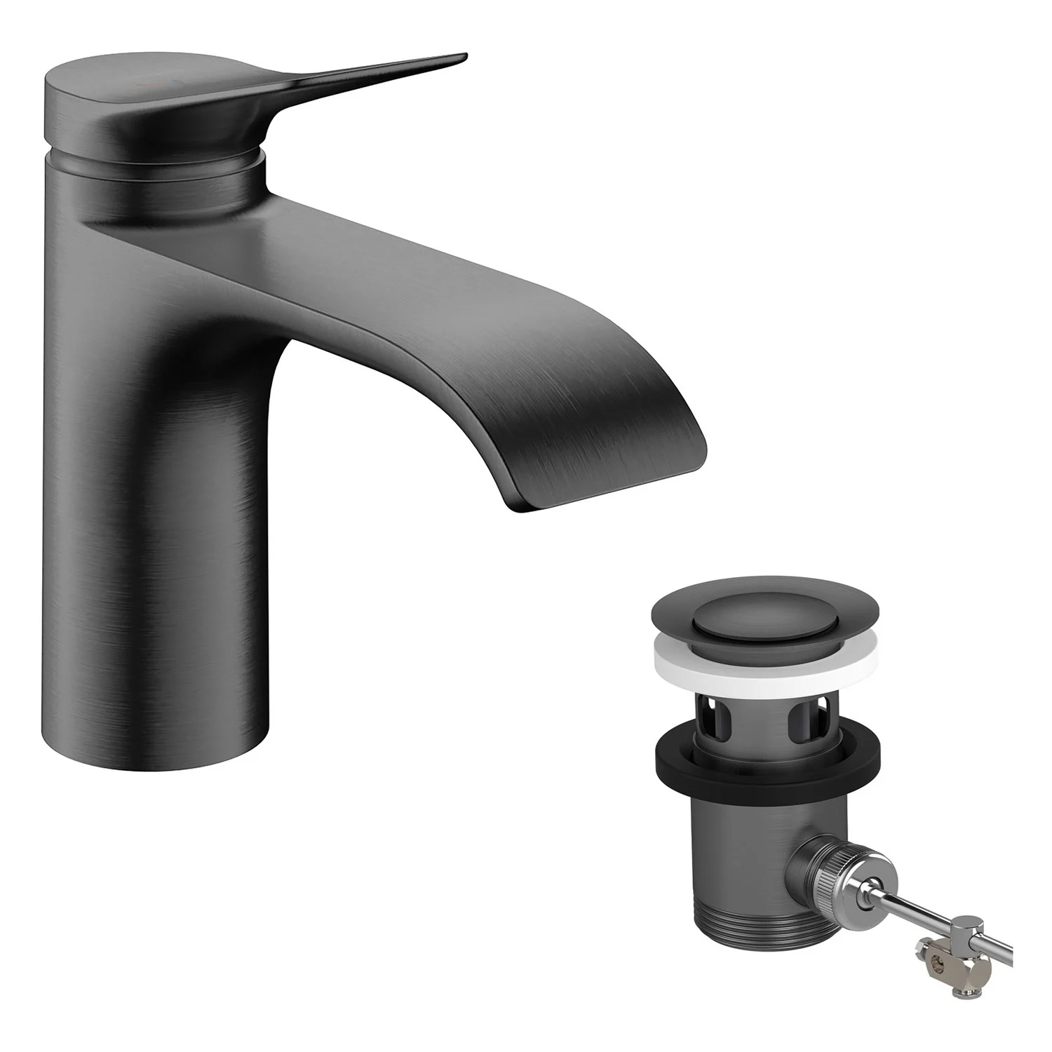 Czarna bateria umywalkowa z zestawem odpływowym widok z boku, hansgrohe