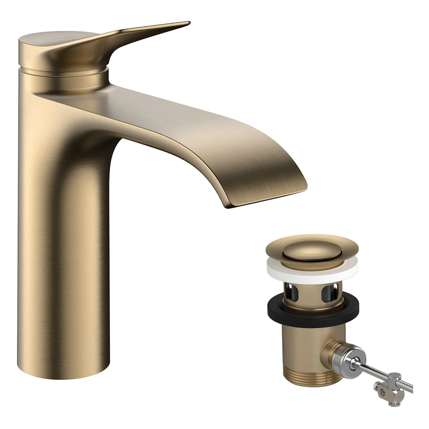 Złota bateria umywalkowa jednouchwytowa z zestawem odpływowym, hansgrohe