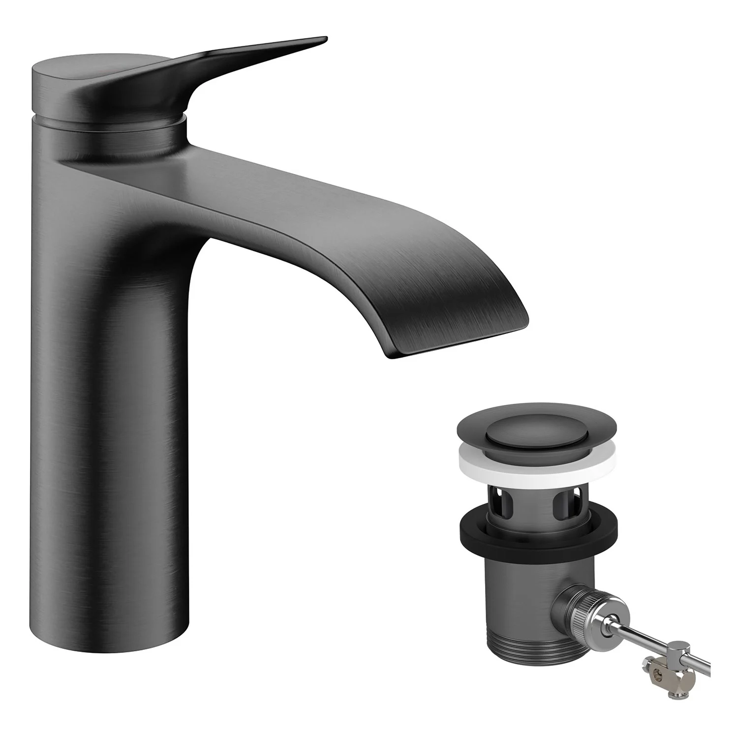 Czarna bateria umywalkowa jednouchwytowa z zestawem odpływowym, hansgrohe