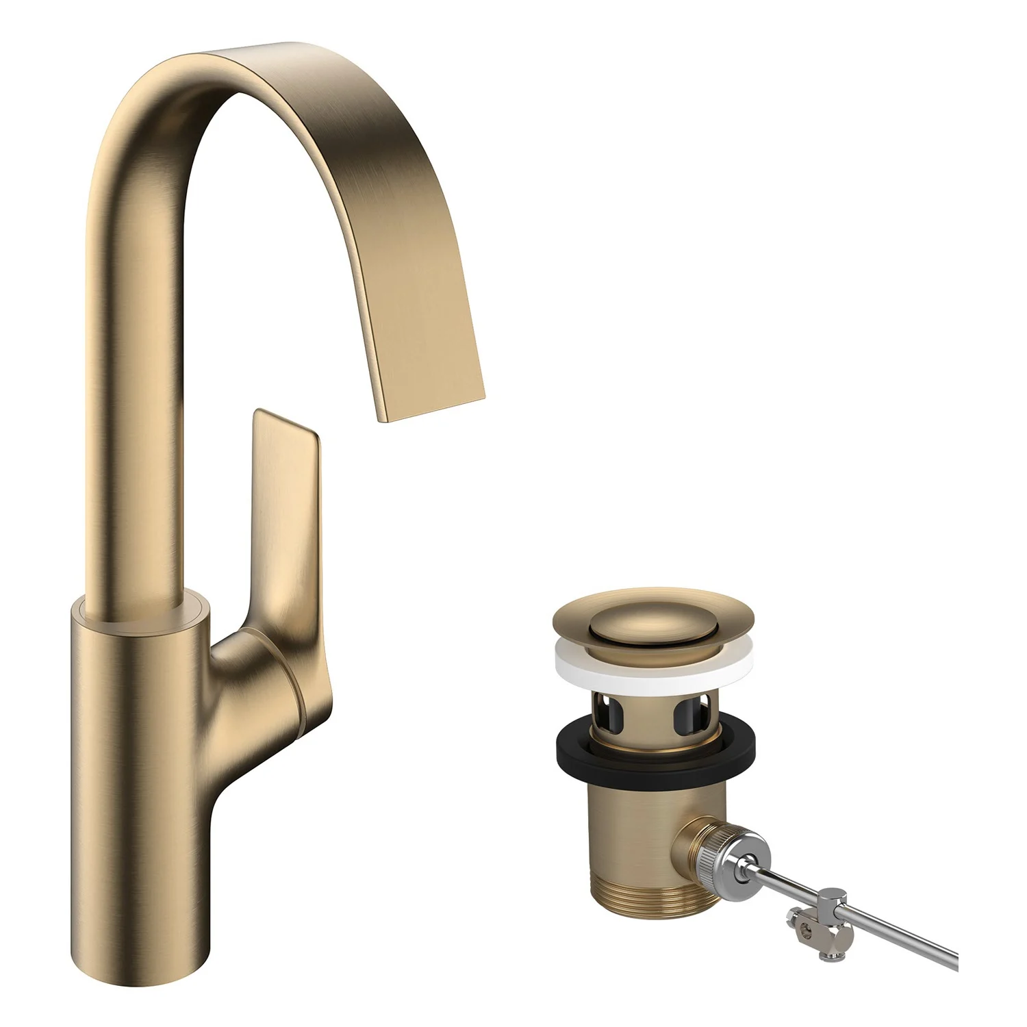 Złota bateria umywalkowa jednouchwytowa z zestawem odpływowym, hansgrohe