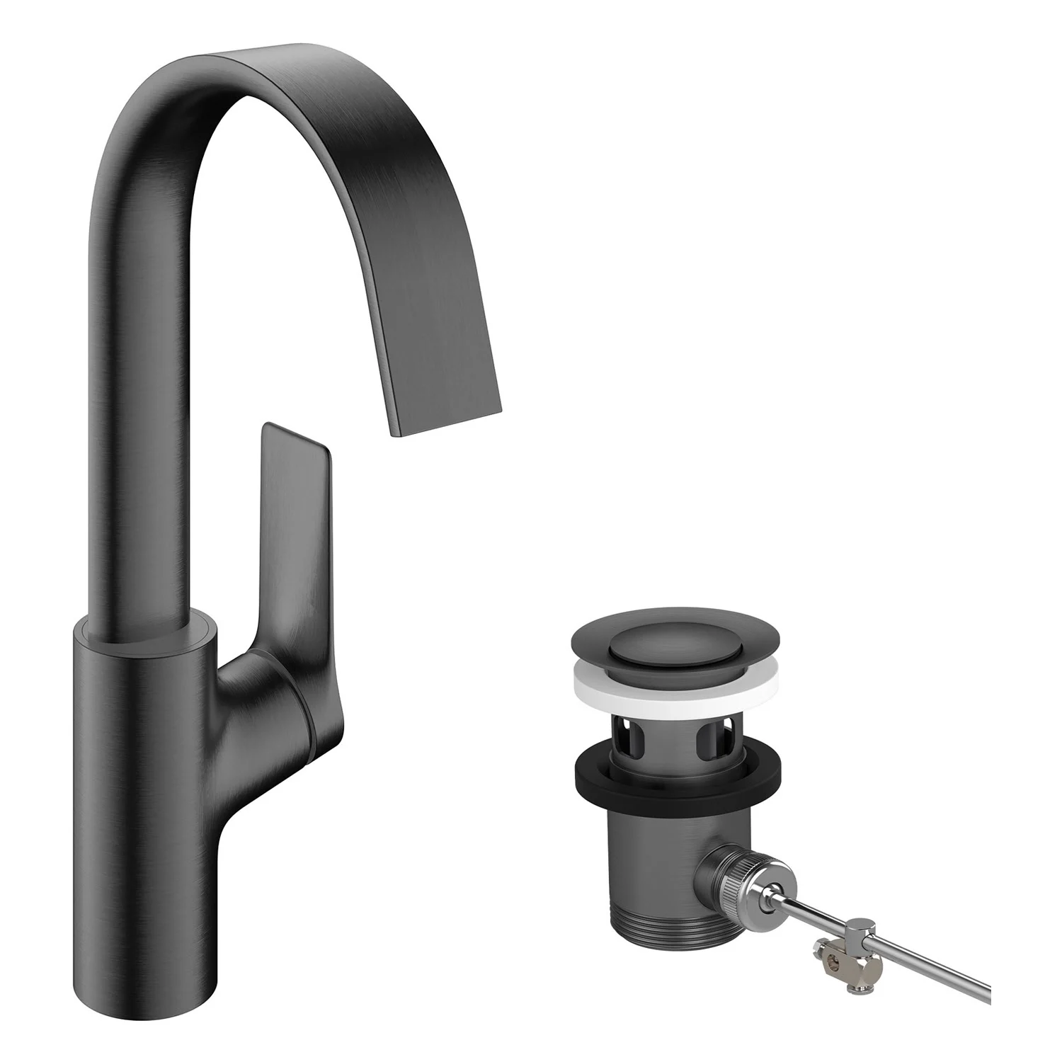 Czarna bateria umywalkowa jednouchwytowa z zestawem odpływowym, hansgrohe