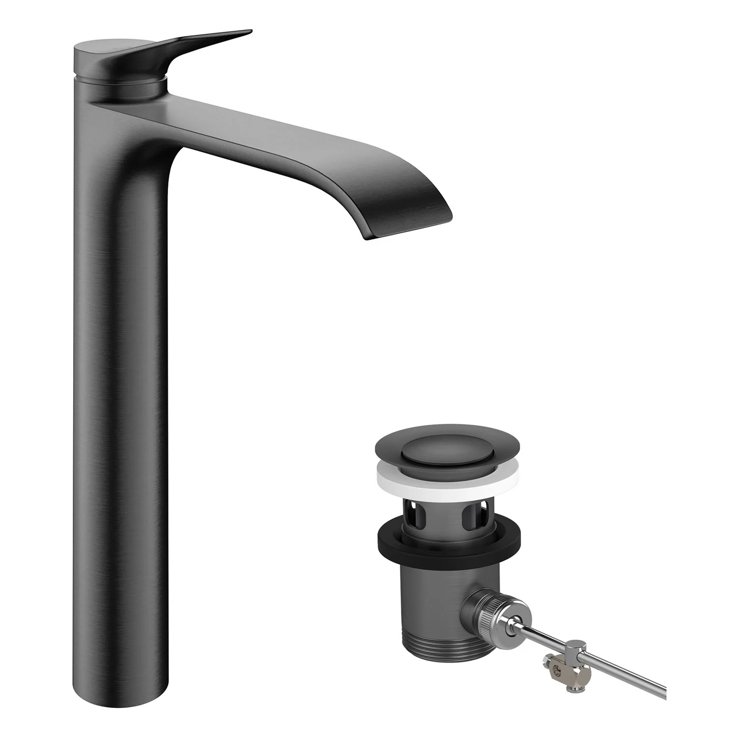 Czarna bateria umywalkowa jednouchwytowa z zestawem odpływowym, hansgrohe