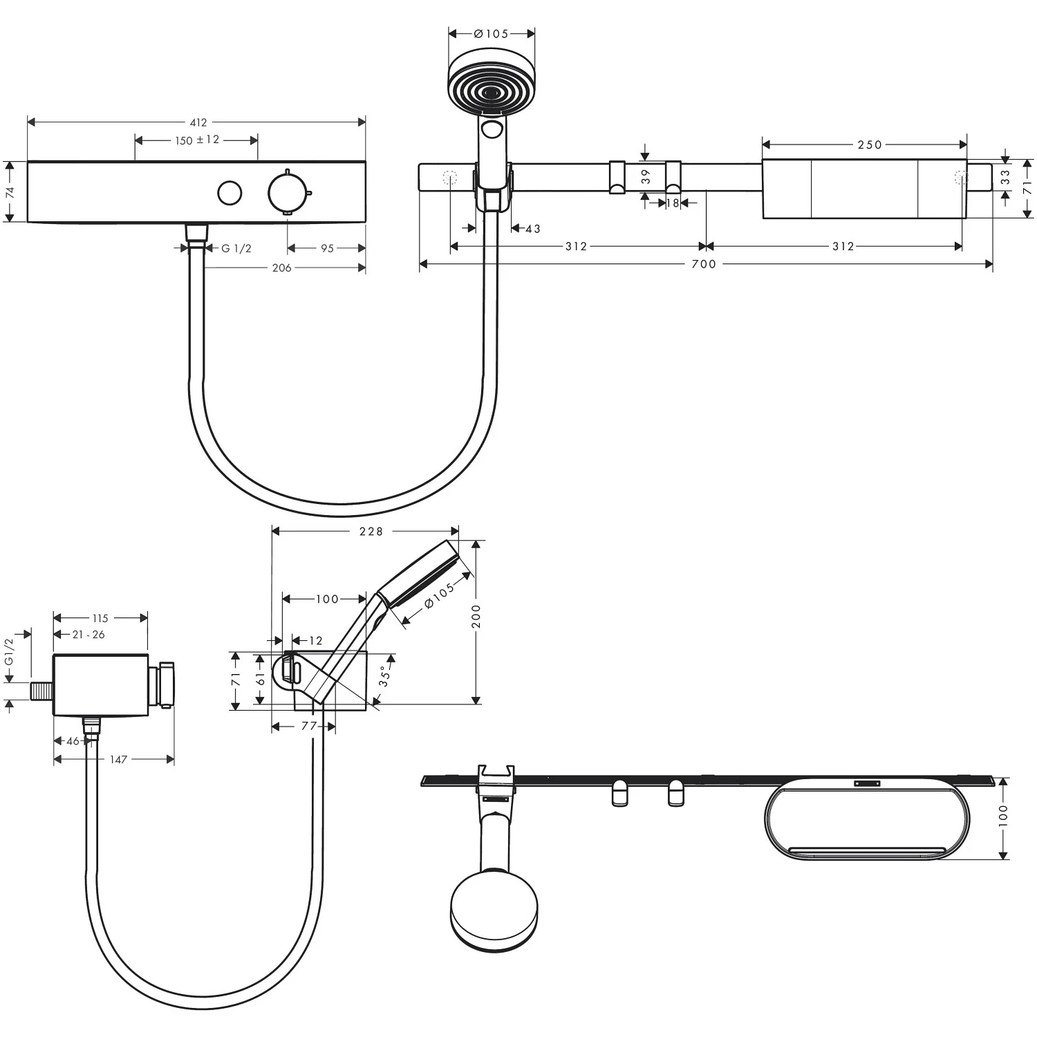 Rysunek techniczny zestawu prysznicowego z wymiarami, hansgrohe