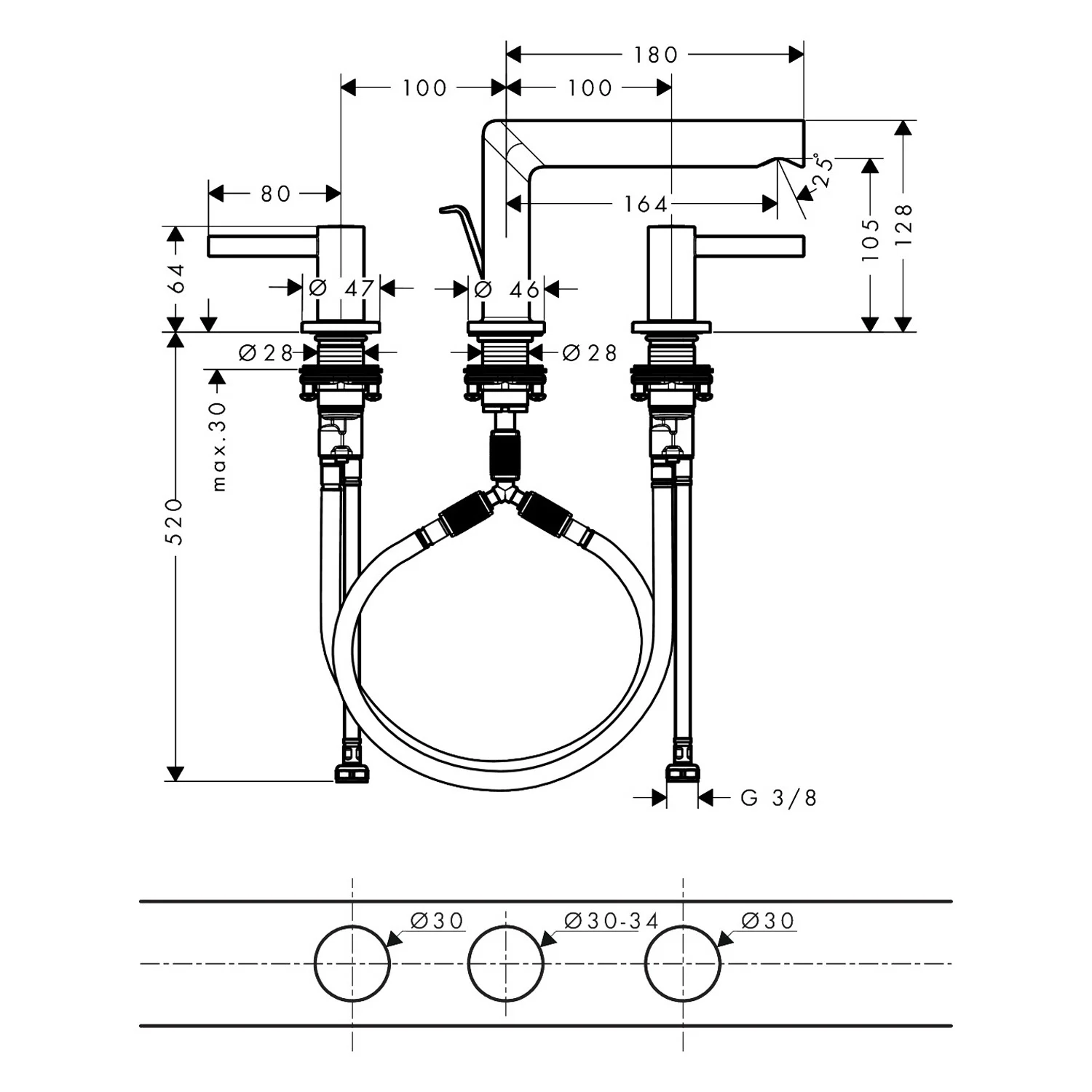 Rysunek techniczny 3-otworowej baterii umywalkowej, hansgrohe