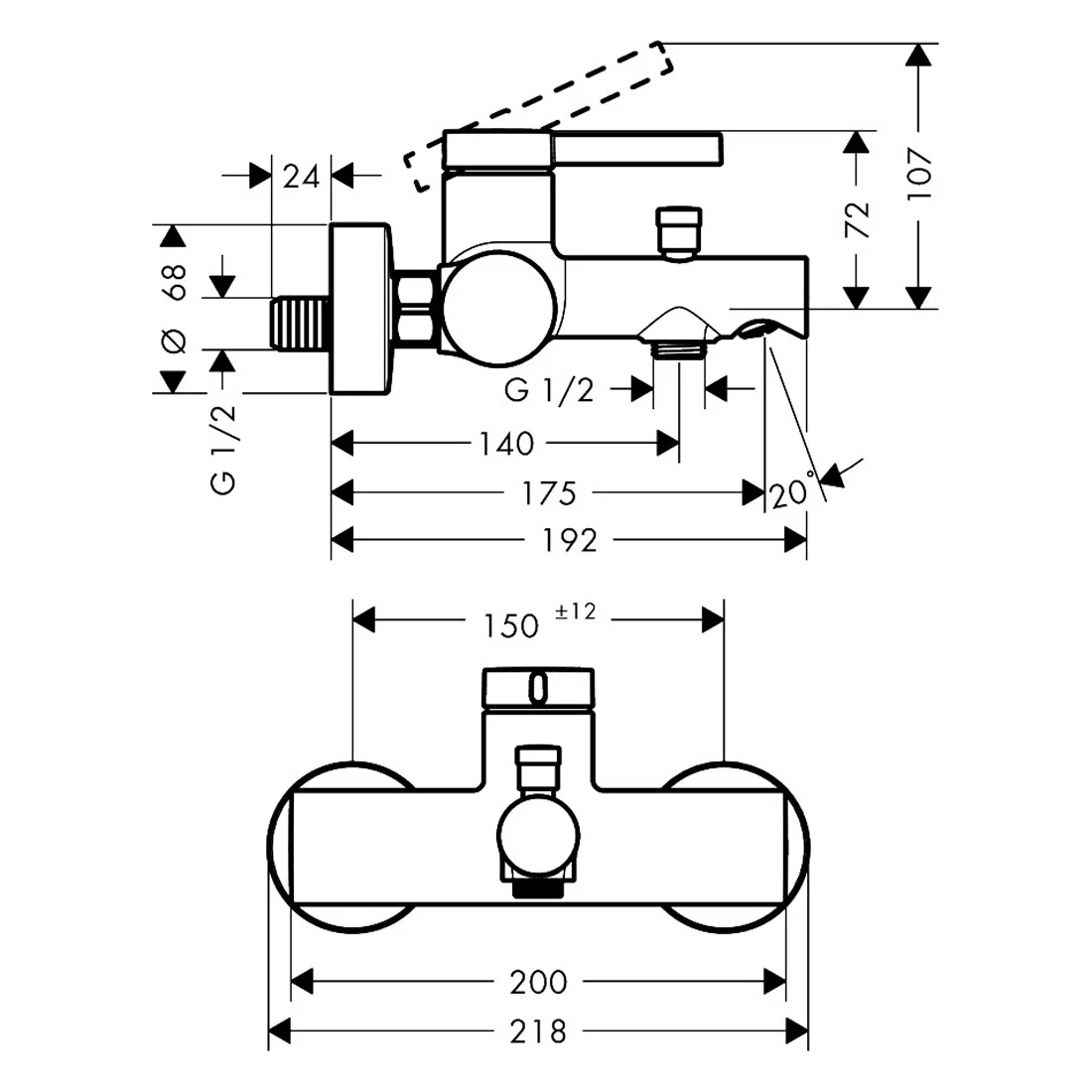 Rysunek techniczny baterii wannowej z wymiarami, hansgrohe