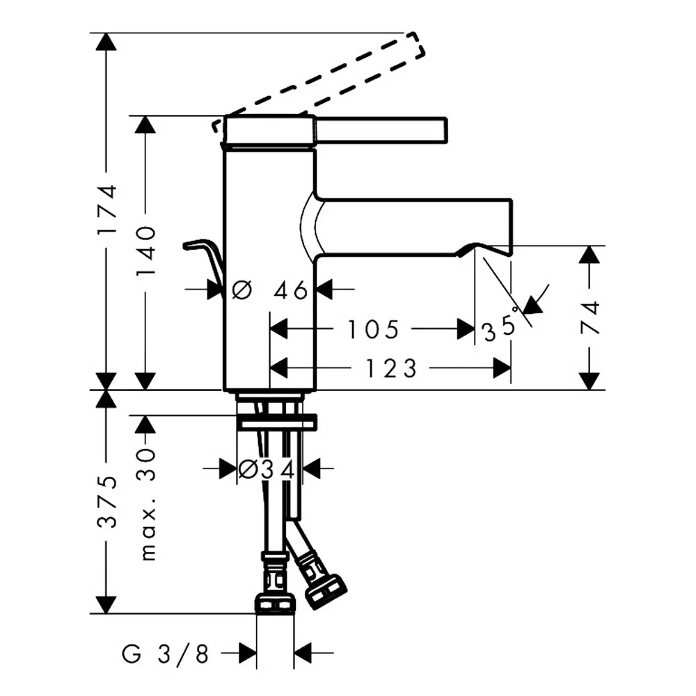 Rysunek techniczny baterii umywalkowej z wymiarami, hansgrohe