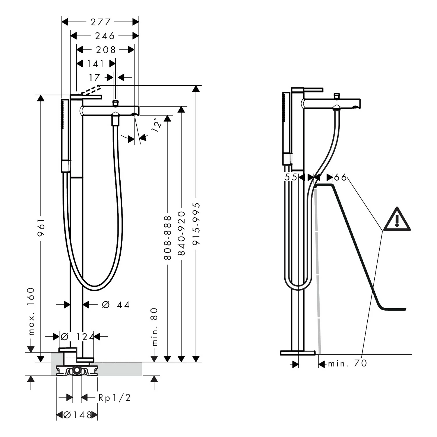 Rysunek techniczny baterii wannowej z wymiarami, hansgrohe