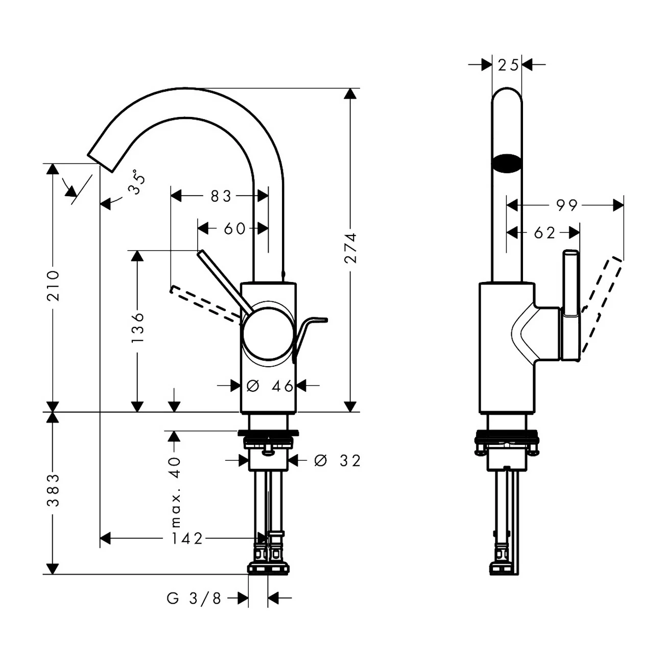Rysunek techniczny baterii umywalkowej z wymiarami, hansgrohe