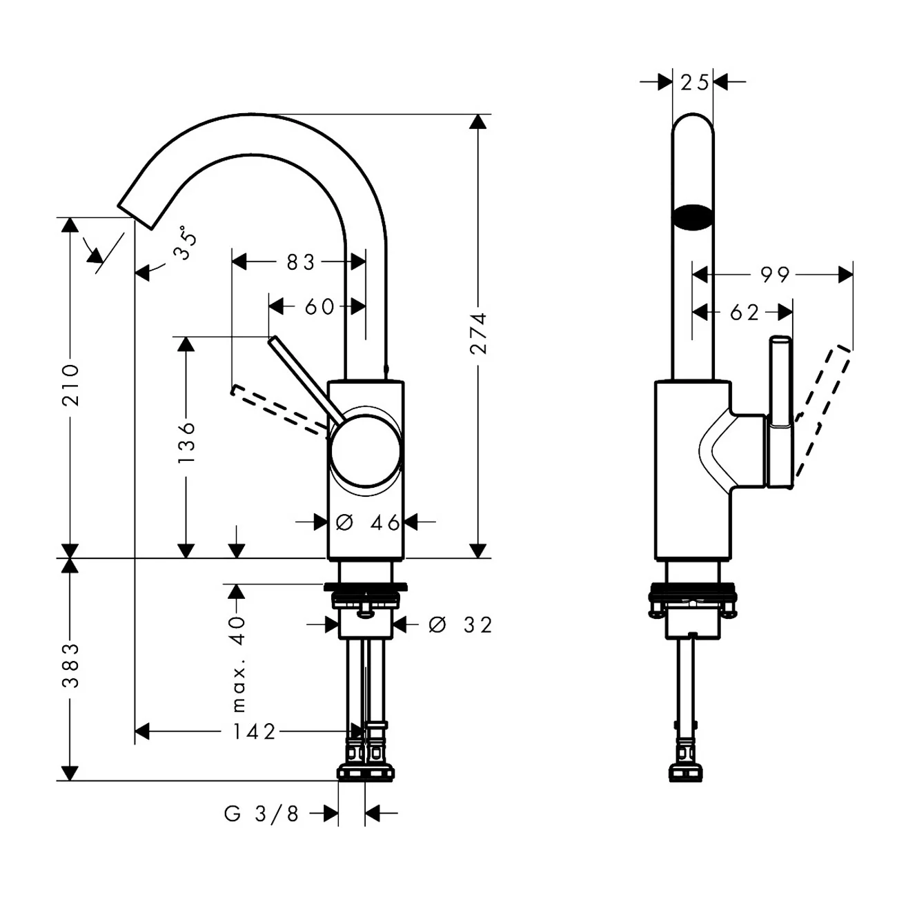 Rysunek techniczny baterii umywalkowej z wymiarami, hansgrohe