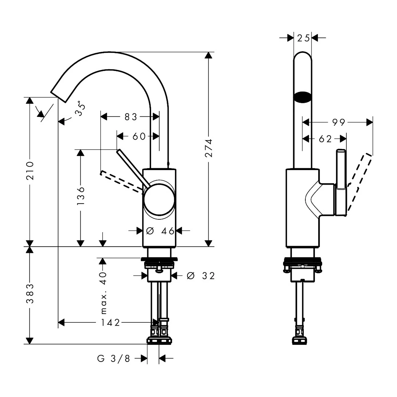 Rysunek techniczny baterii umywalkowej z wymiarami, hansgrohe